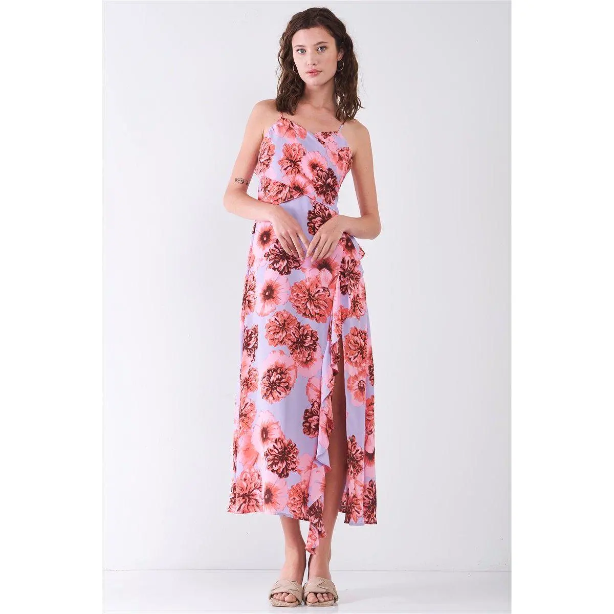 Floral Print Sleeveless Self-tie Wide Wrap Front Ruffle Hem Side Slit Detail Midi Dress