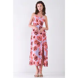 Floral Print Sleeveless Self-tie Wide Wrap Front Ruffle Hem Side Slit Detail Midi Dress