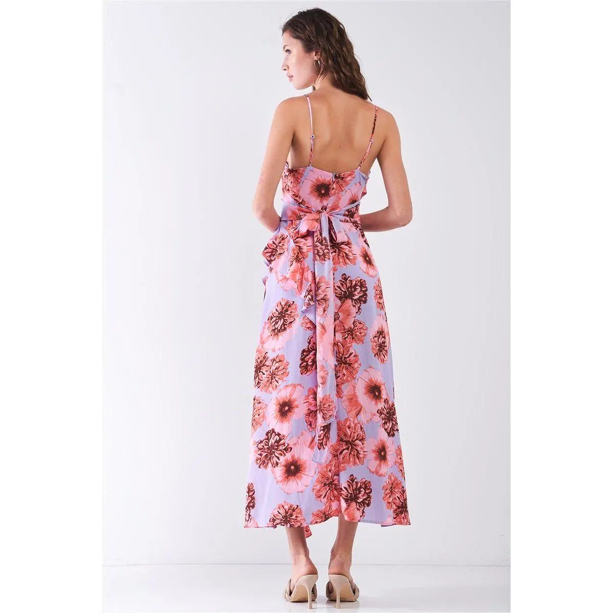 Floral Print Sleeveless Self-tie Wide Wrap Front Ruffle Hem Side Slit Detail Midi Dress