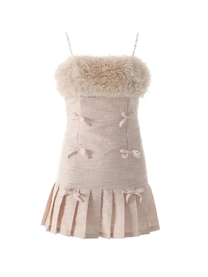 fluffy pink bowknot pearl slip dress