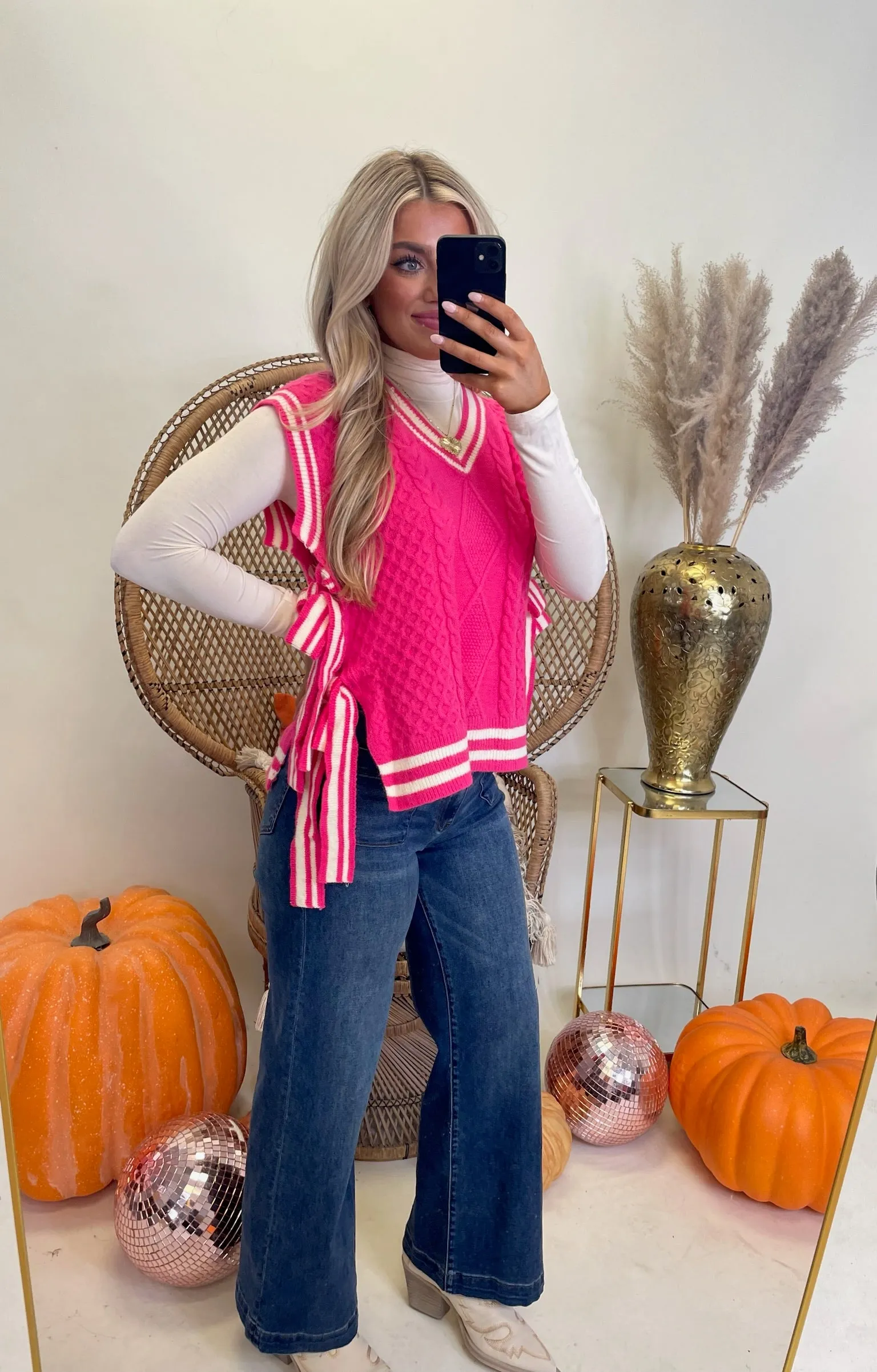 Fuchsia and Ivory V-Neck Side Tie Sweater Vest