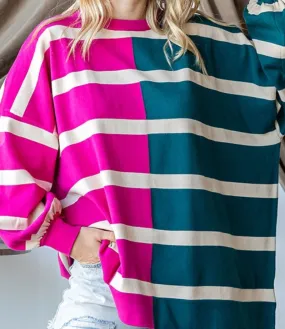 Fuchsia and Teal Striped Colorblock Loose Fit Sweater