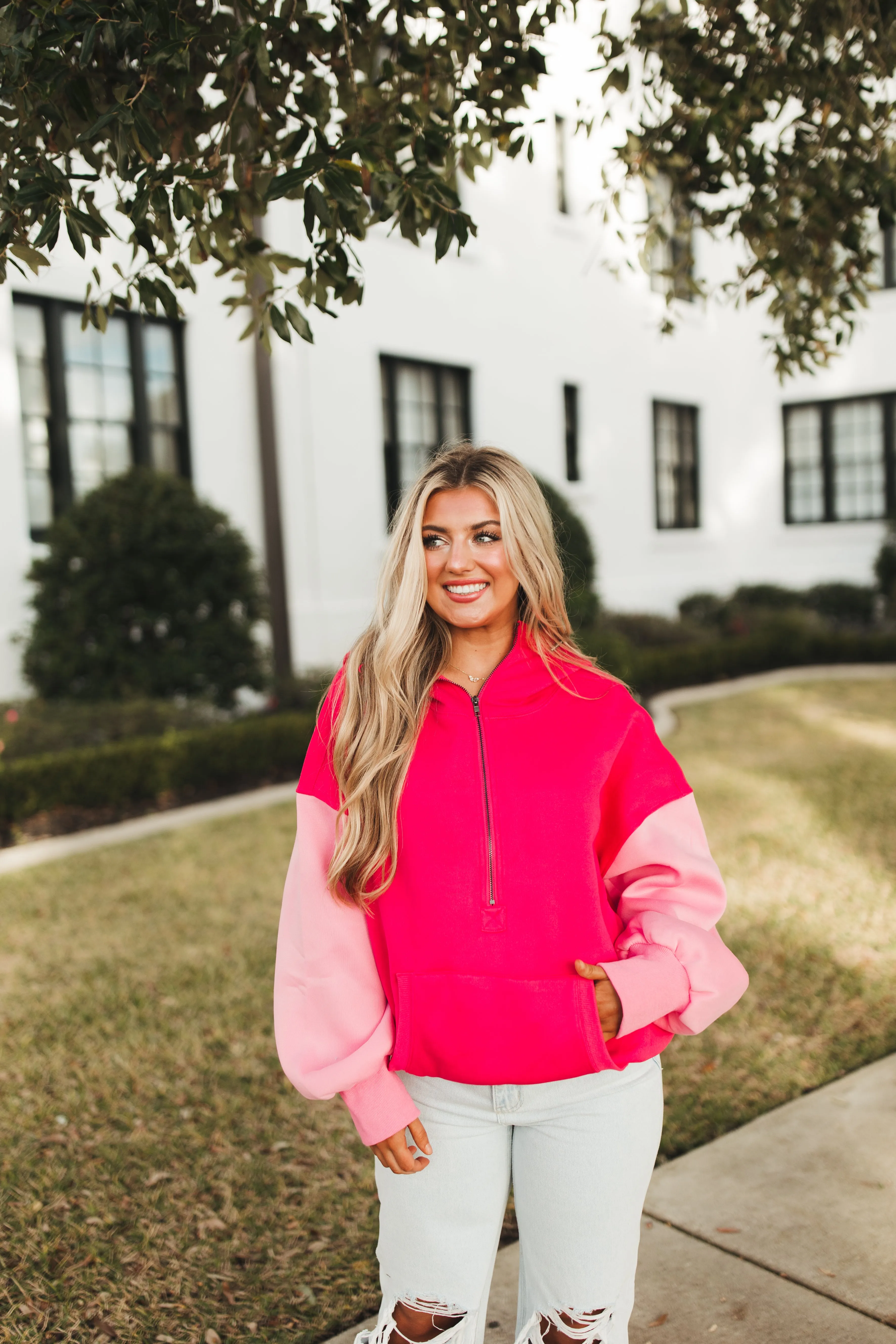 Fuchsia Multi Colorblock Half Zip Hoodie