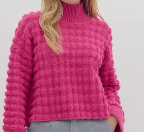 Fuchsia Textured Turtleneck Cropped Sweater