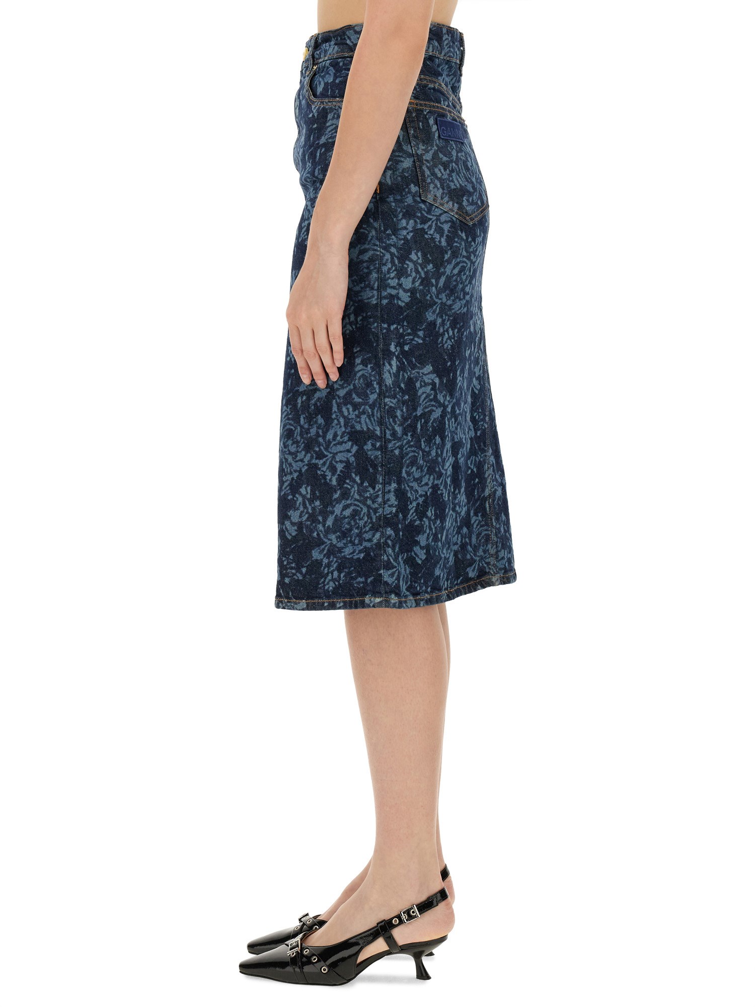 GANNI    COTTON DENIM MIDI SKIRT