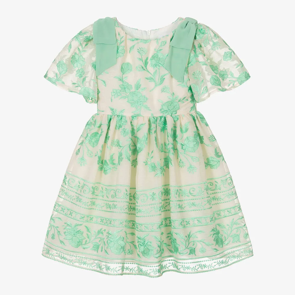 Girls Ivory & Green Floral Dress.