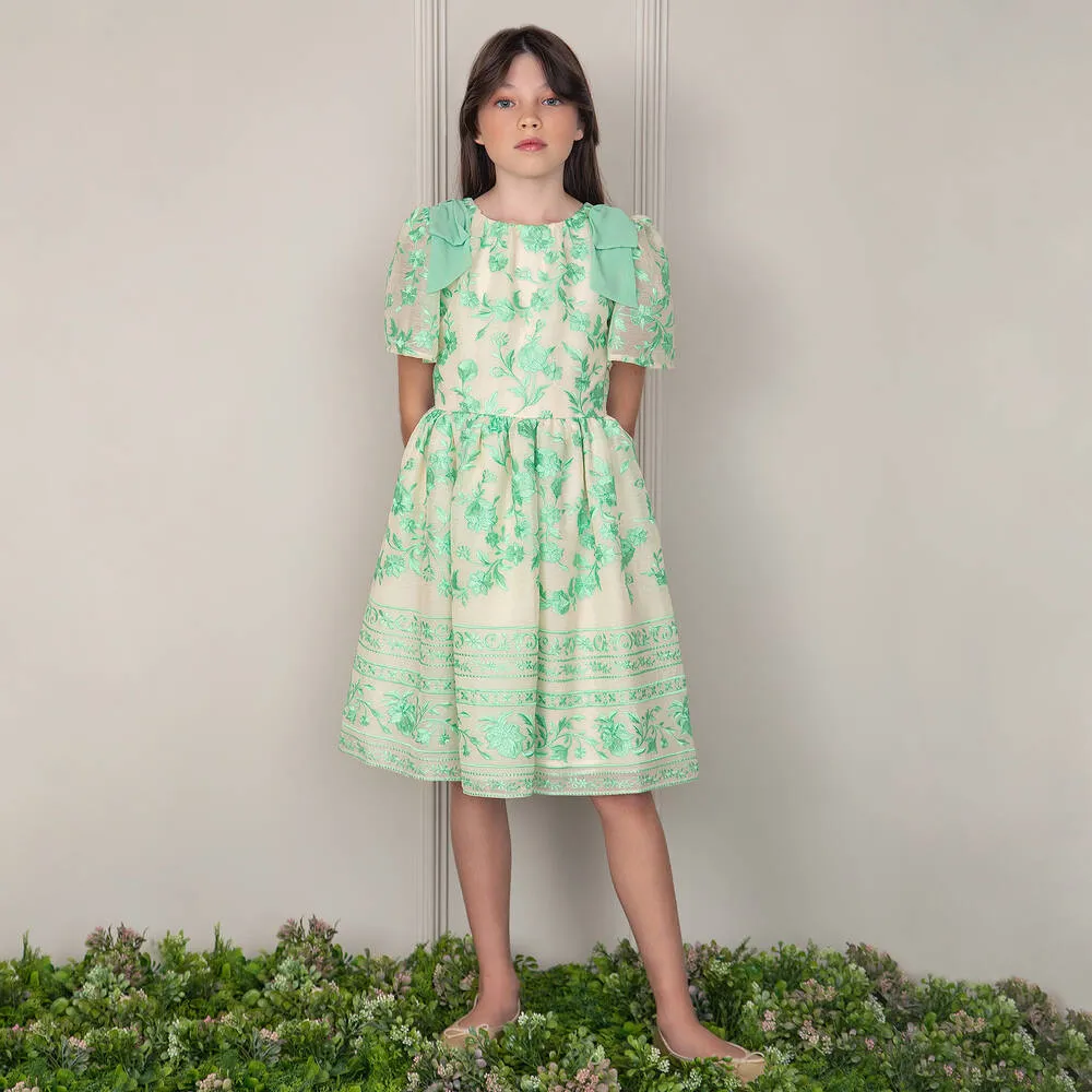 Girls Ivory & Green Floral Dress.