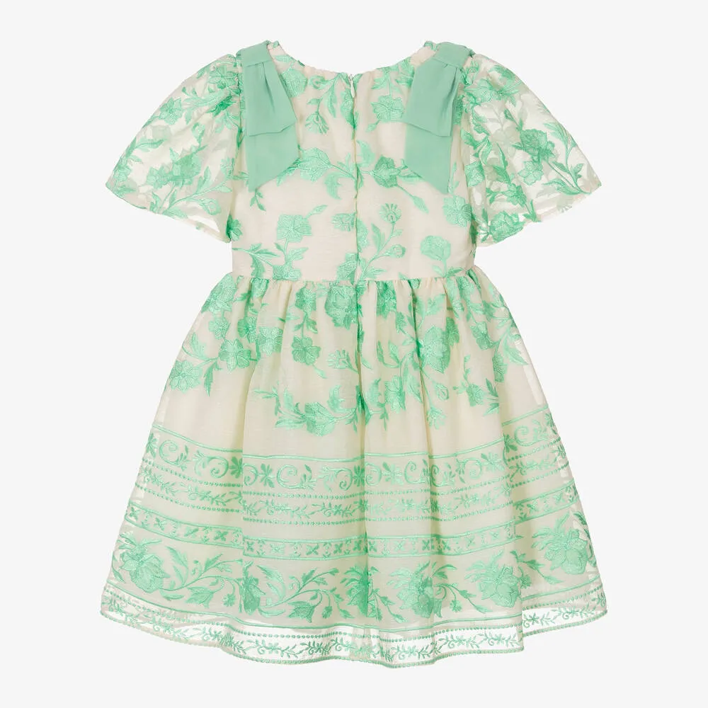 Girls Ivory & Green Floral Dress.