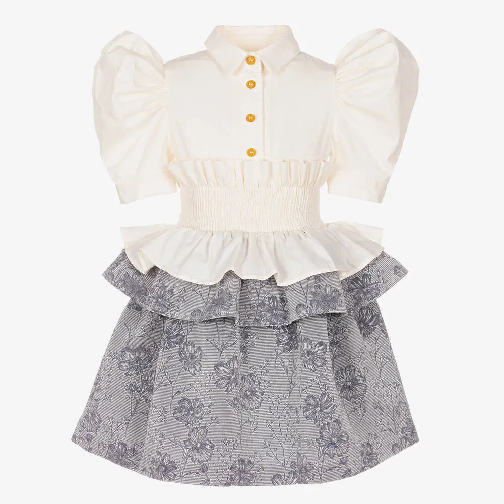 Girls Ivory & Grey Floral Dress