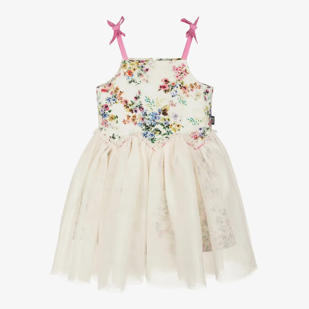 Girls Ivory Cotton & Tulle Floral Dress