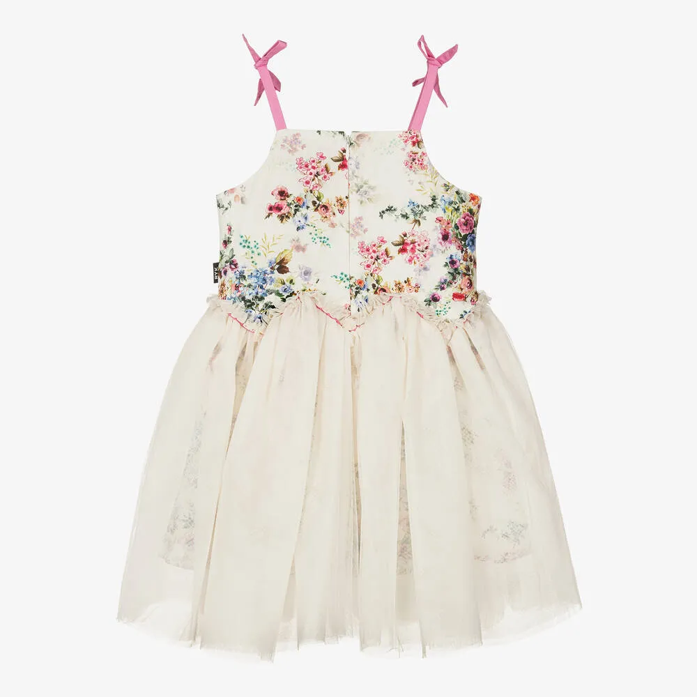 Girls Ivory Cotton & Tulle Floral Dress