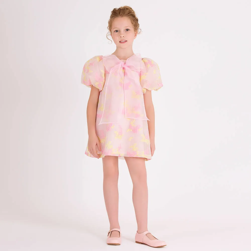 Girls Pink Organza Floral Dress