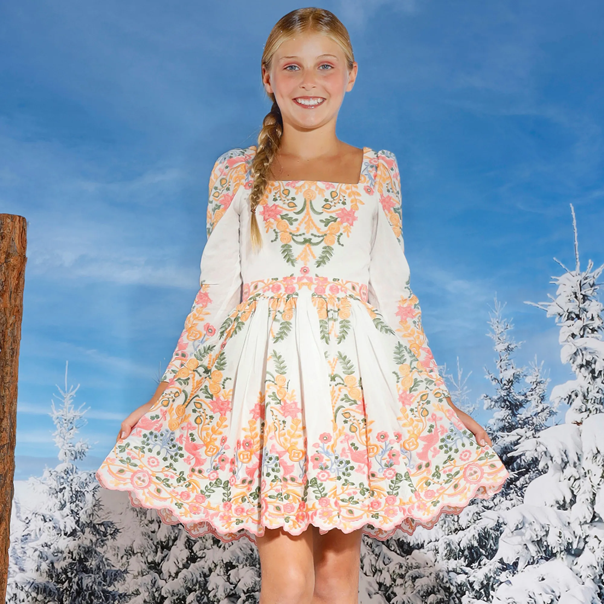 Girls White Cotton Embroidered Floral Dress