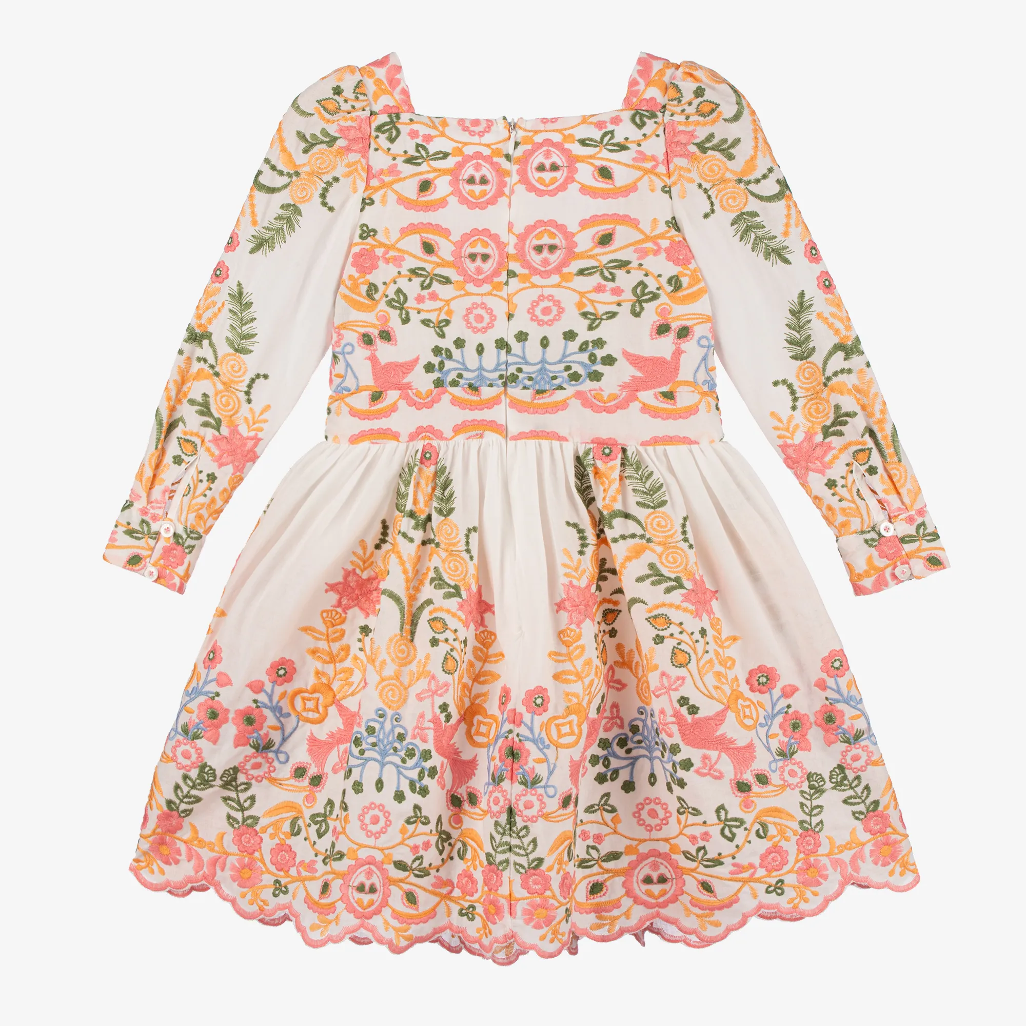 Girls White Cotton Embroidered Floral Dress