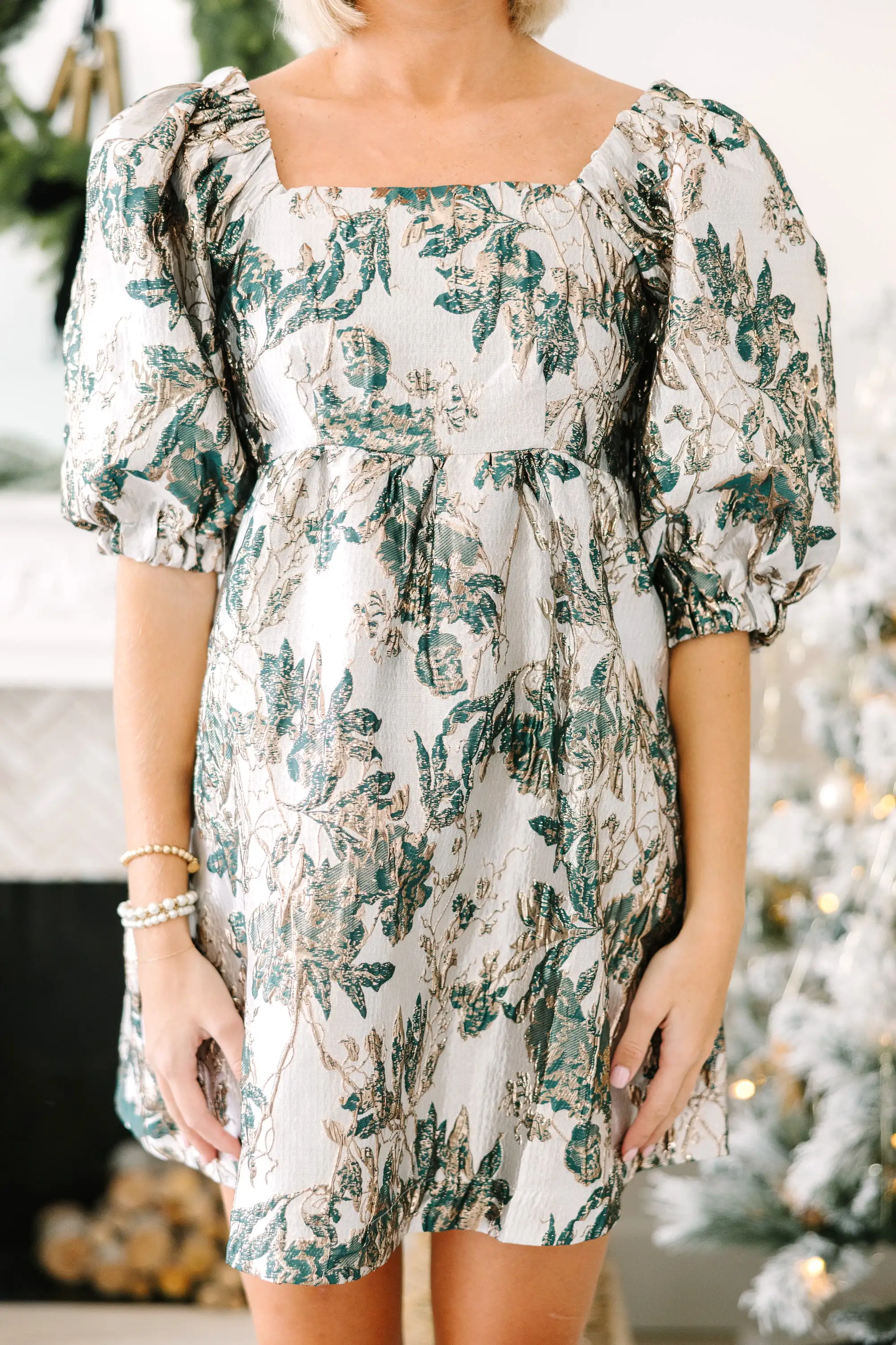 Good Days Ahead Hunter Green Metallic Floral Dress