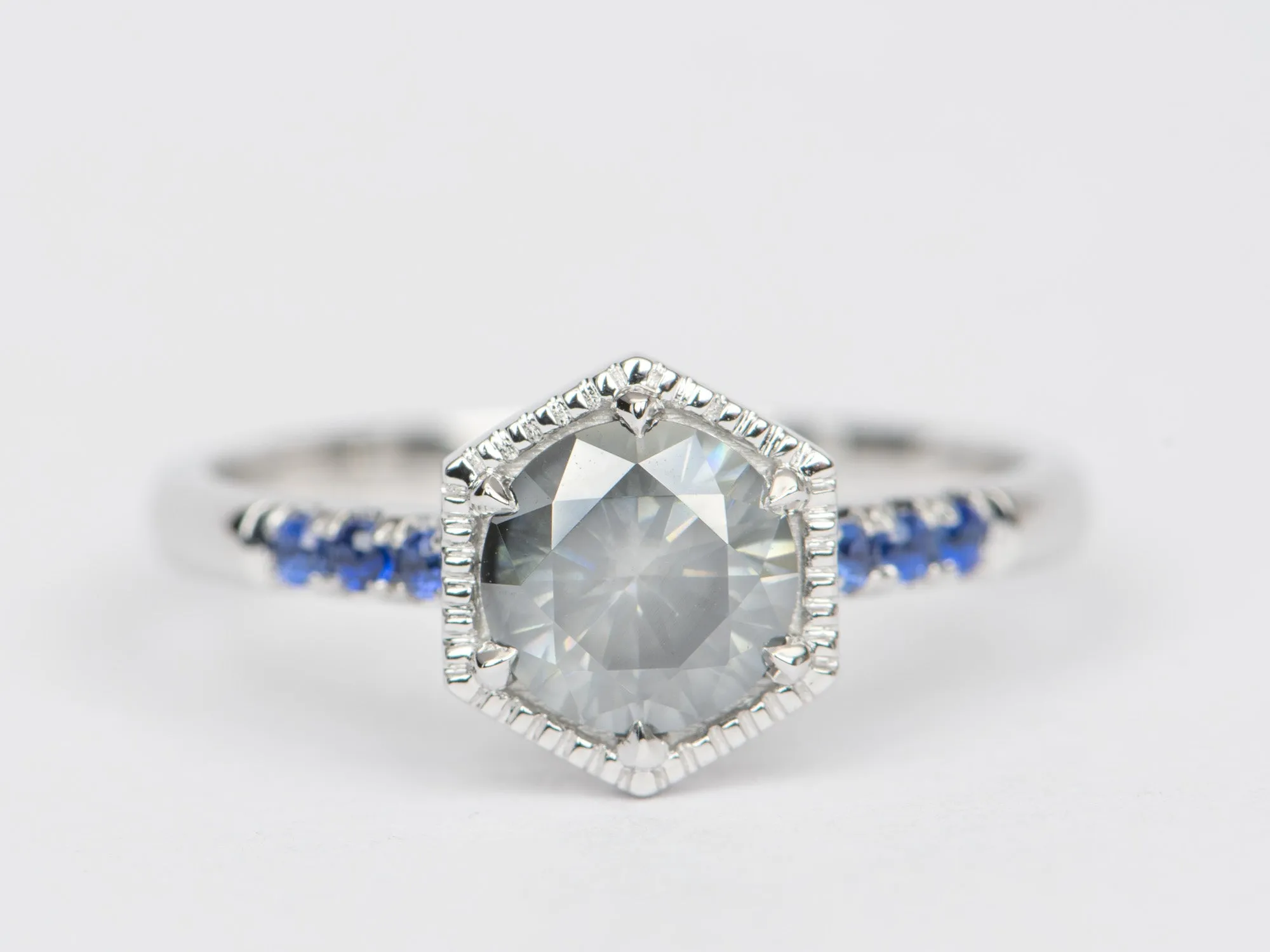 Gray Moissanite in Hexagon Setting Sapphire Engagement Ring 14K White Gold R6405