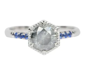 Gray Moissanite in Hexagon Setting Sapphire Engagement Ring 14K White Gold R6405