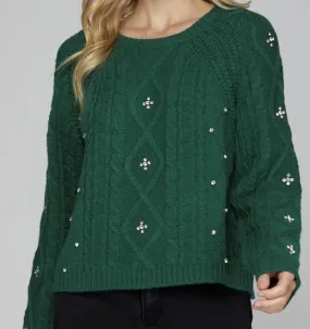 Green Rhinestone Cable Knit Sweater