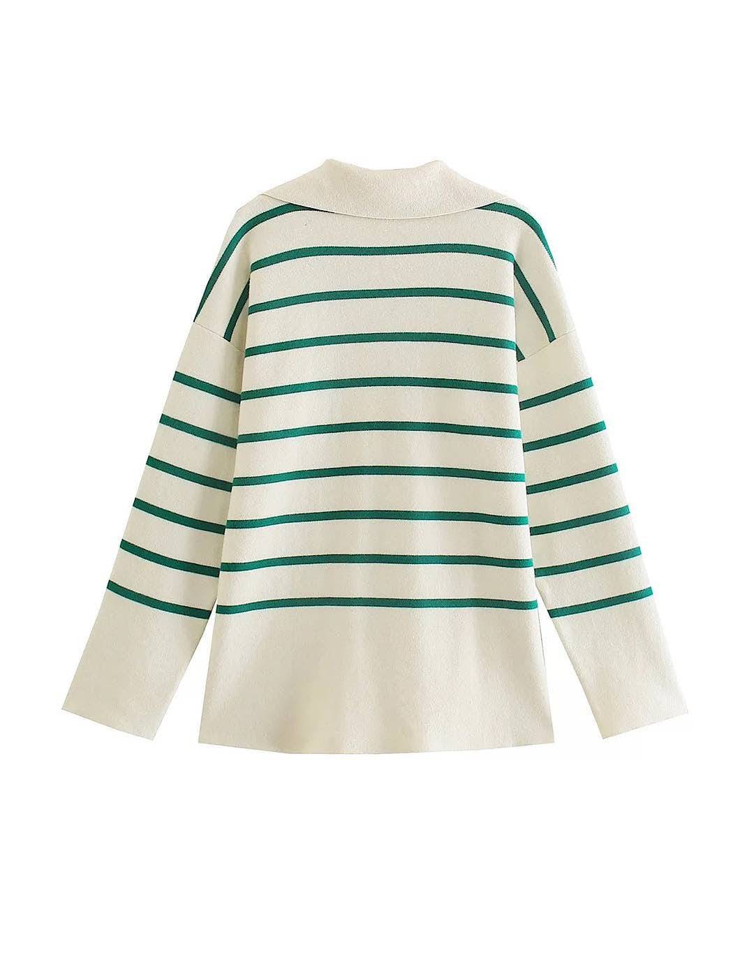 Green Striped Beige Knit Loose Sweater