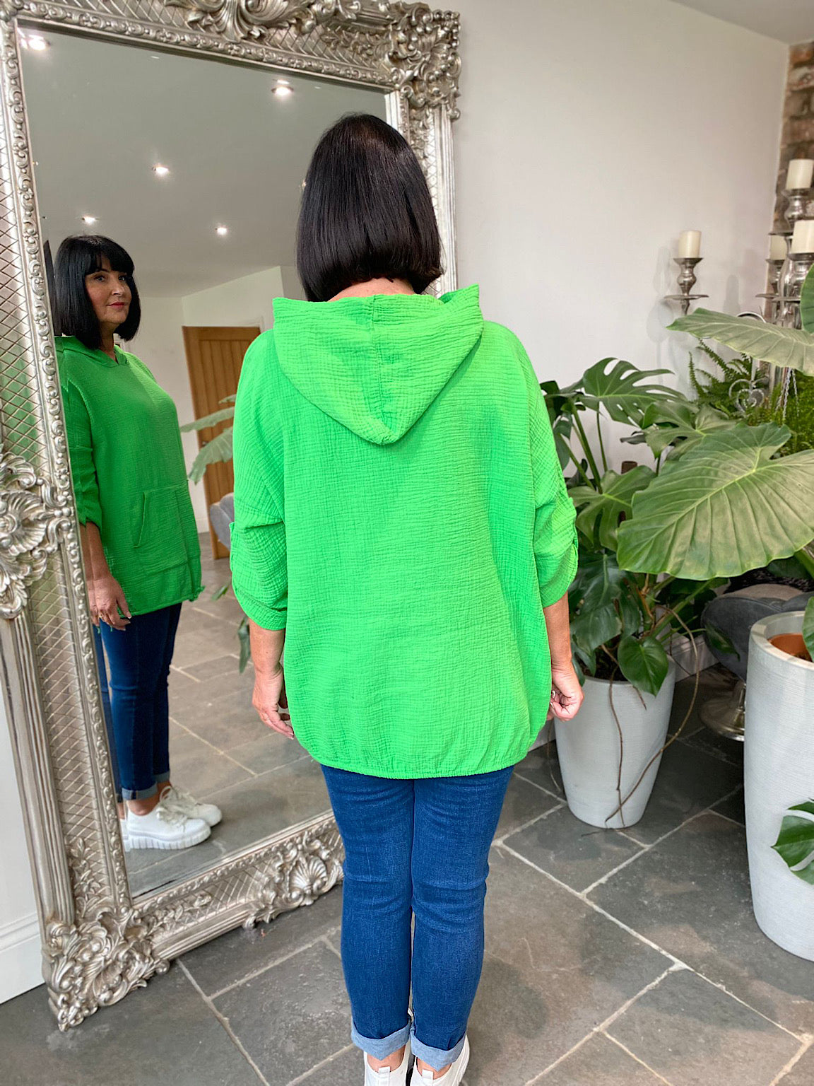 Green Textured Drawstring Bottom Hoodie Veronica