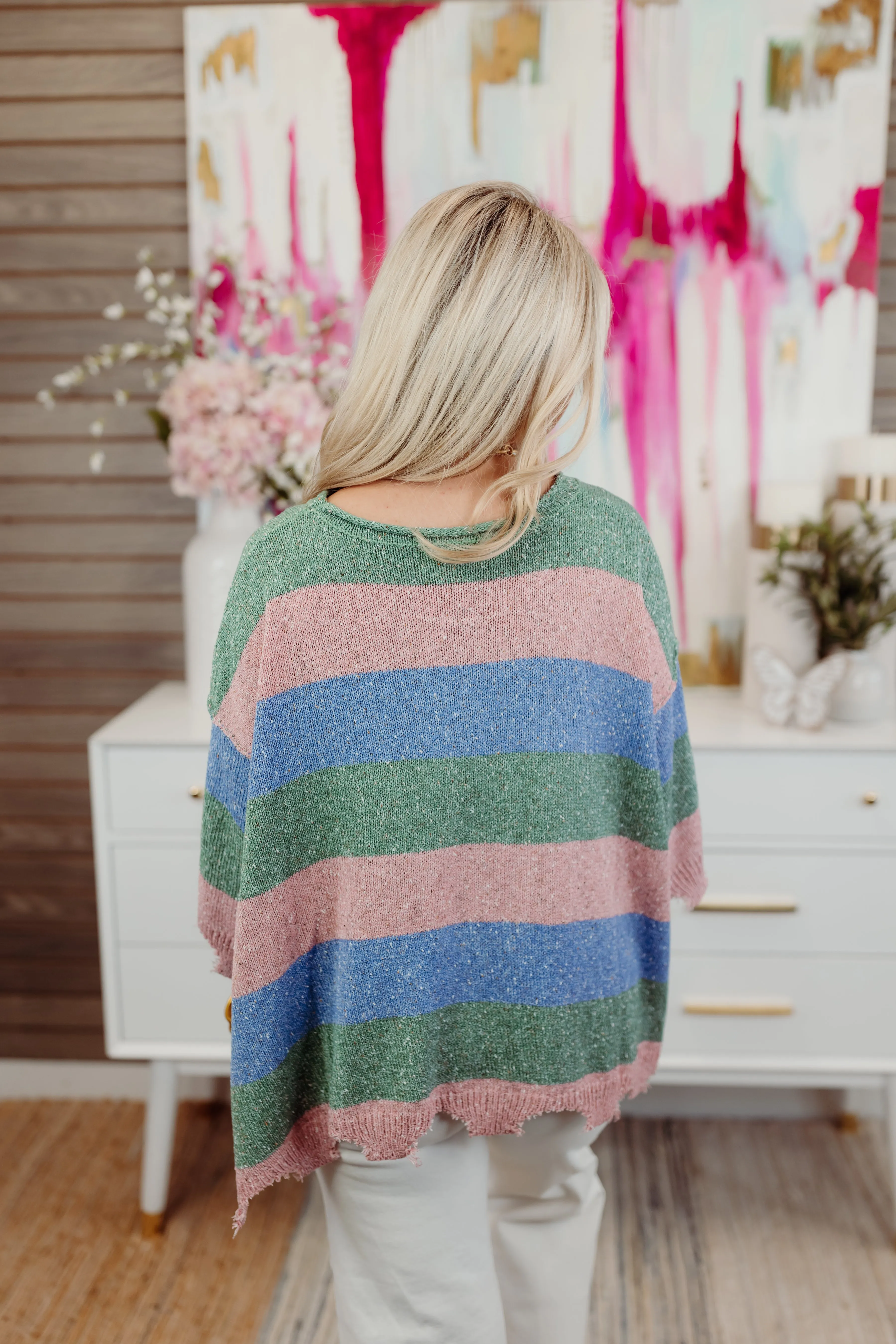 Green/Mauve/Blue Colorblock Raw Edge Oversized Sweater