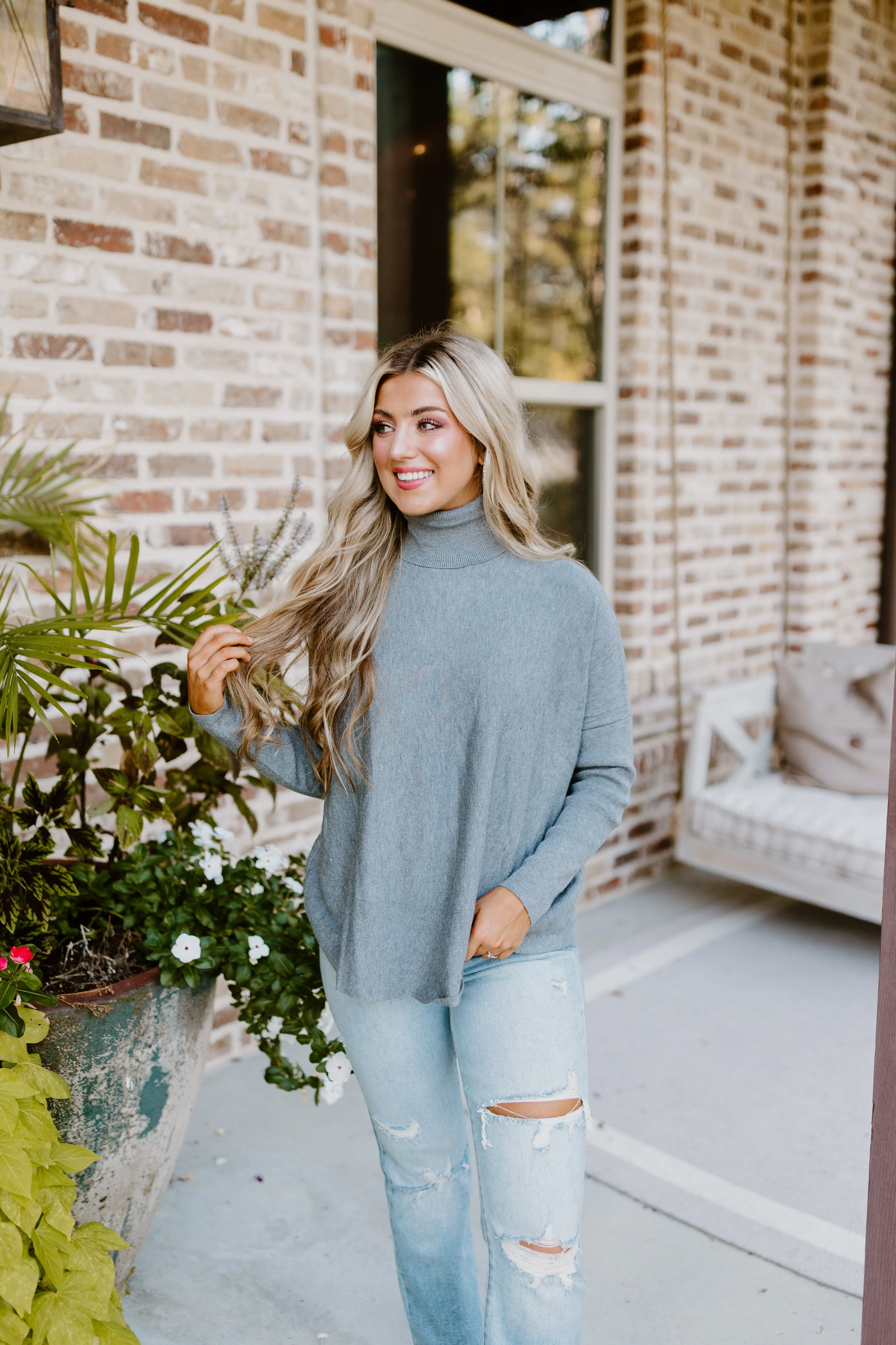 Grey Heather Knit Drop Shoulder Turtleneck Solid Sweater