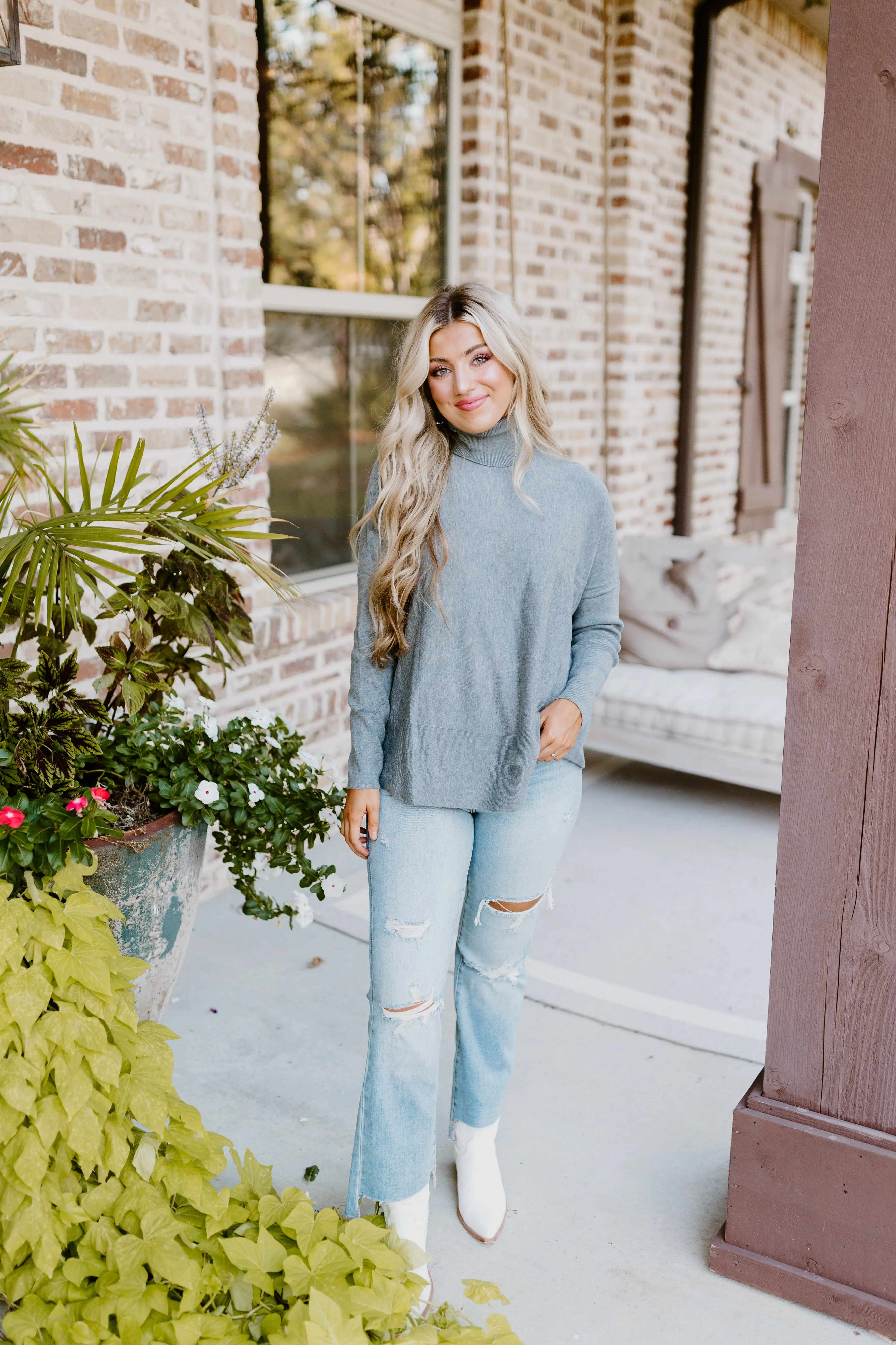 Grey Heather Knit Drop Shoulder Turtleneck Solid Sweater