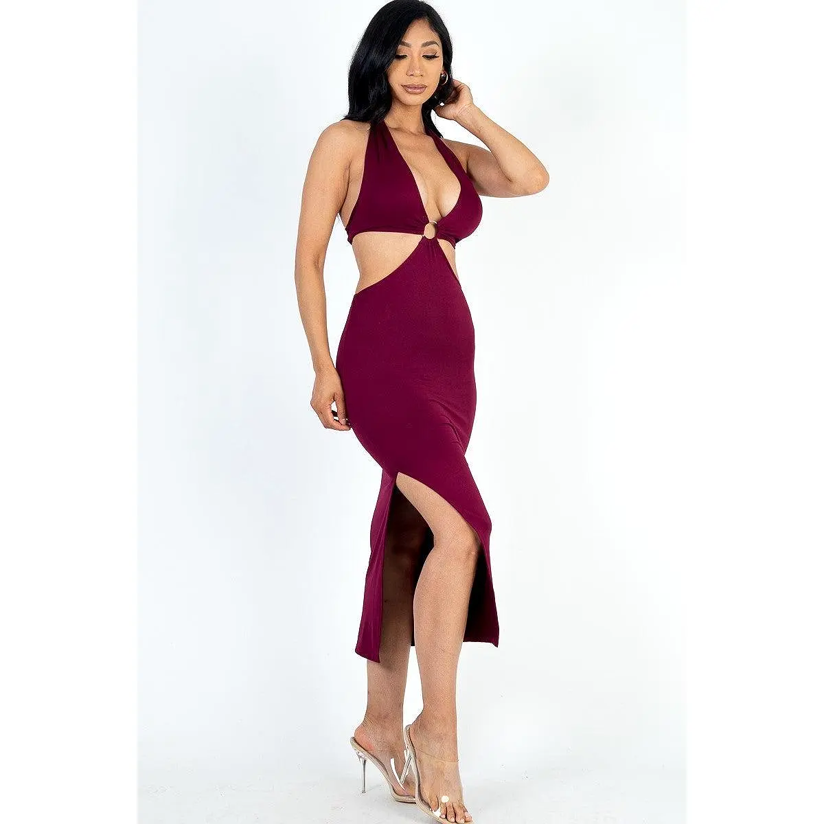 Halter Neck Split Thigh Midi Dress