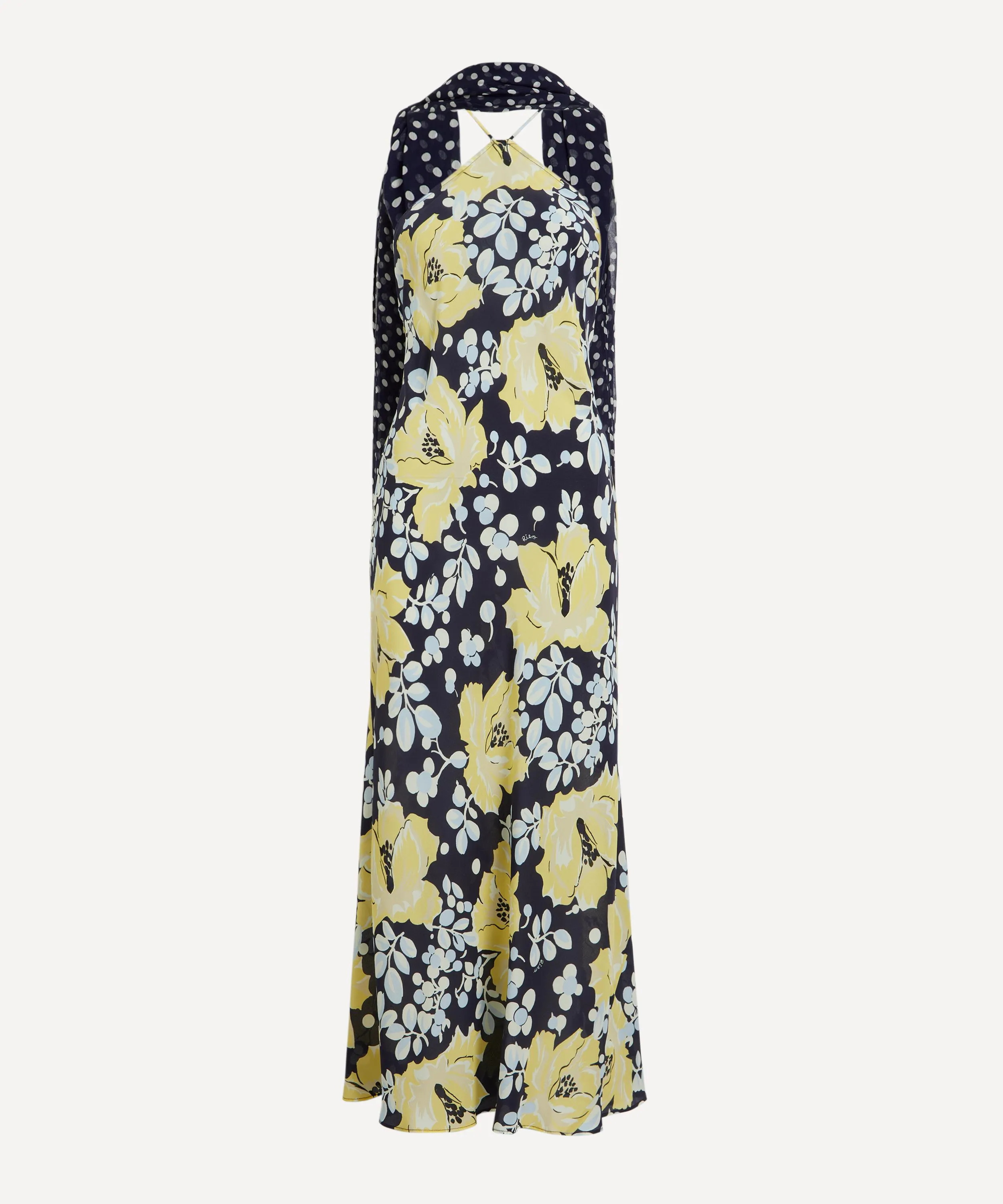 Hayley Umbrella Floral Navy Silk Midi Dress