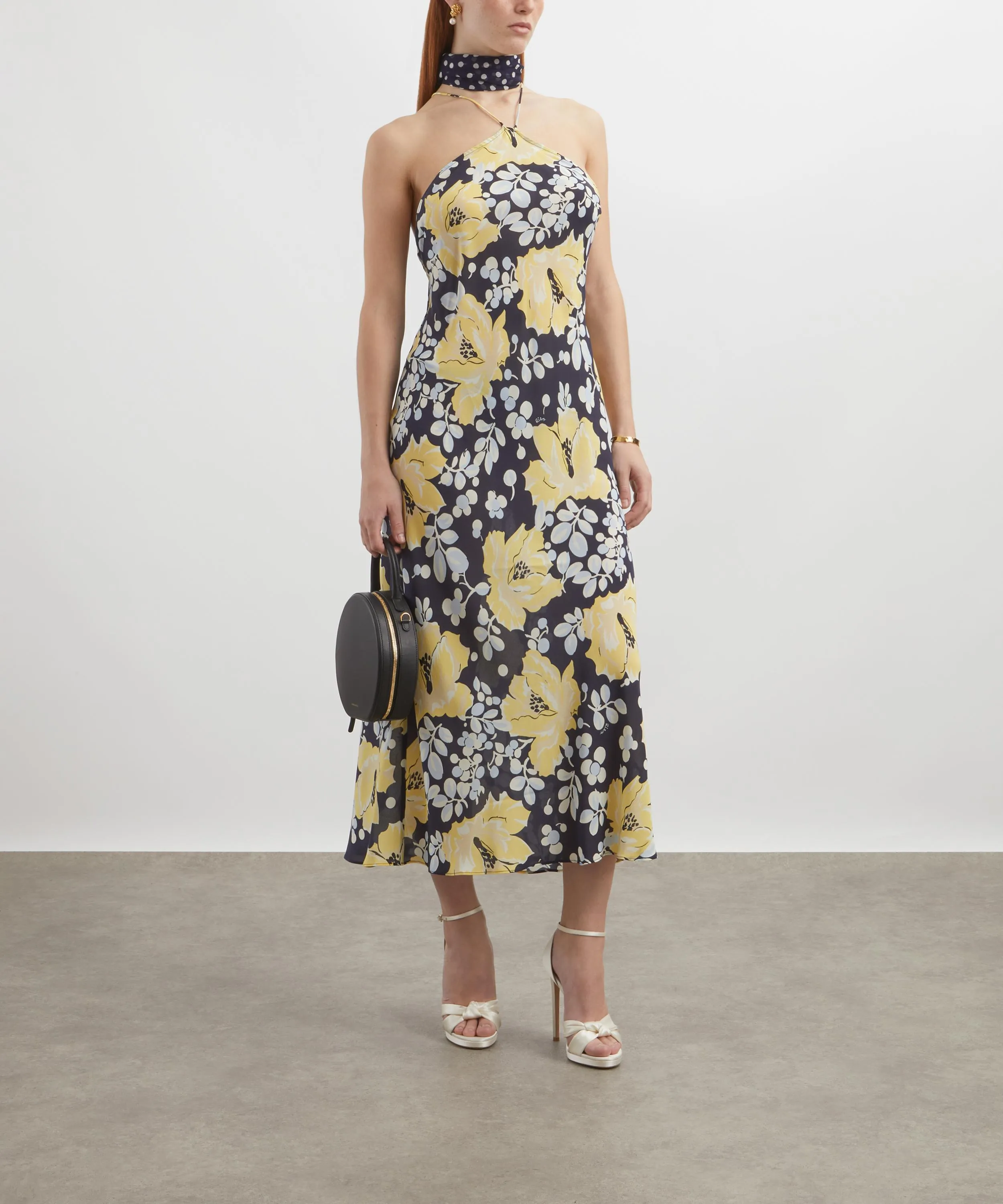 Hayley Umbrella Floral Navy Silk Midi Dress