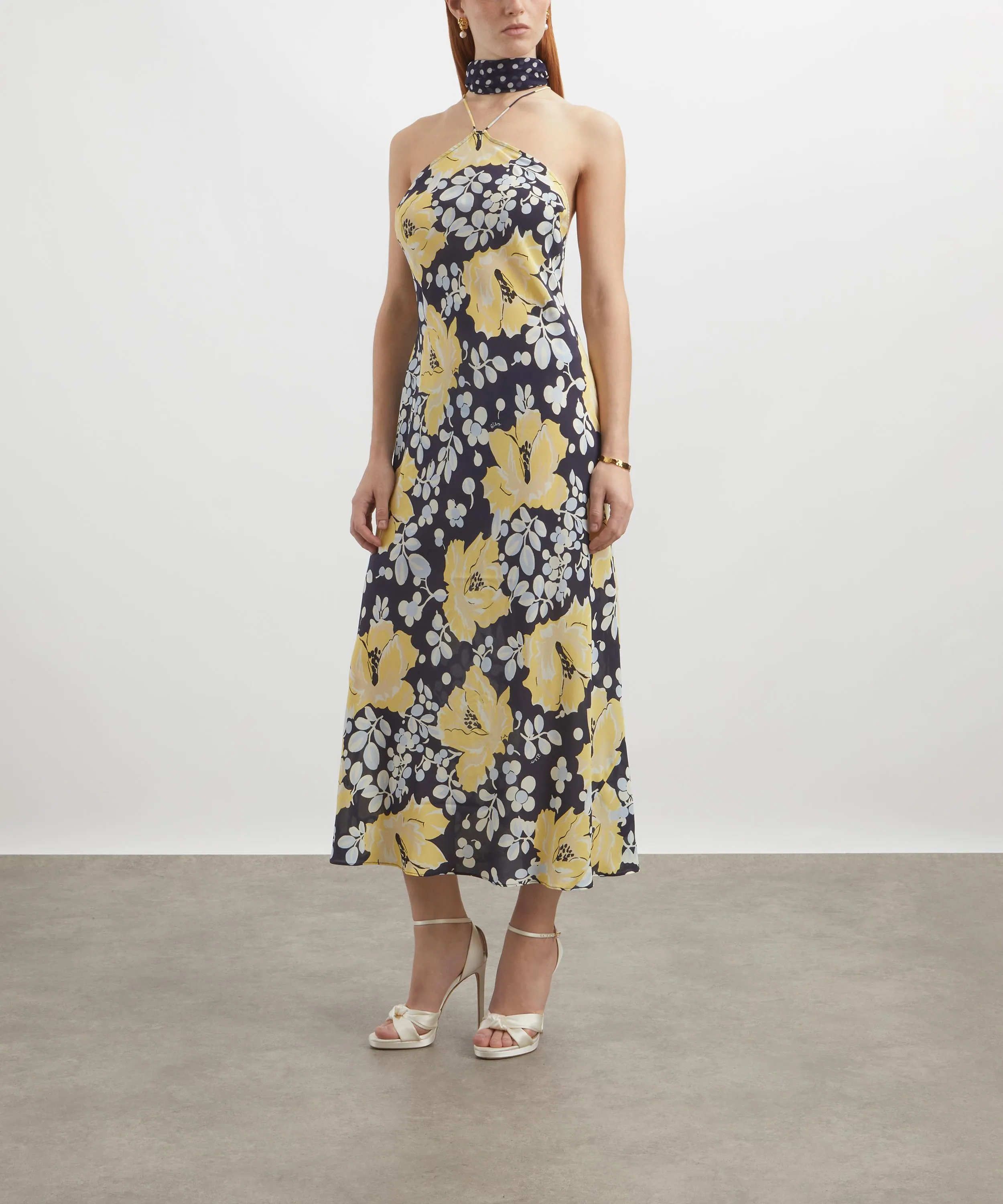 Hayley Umbrella Floral Navy Silk Midi Dress