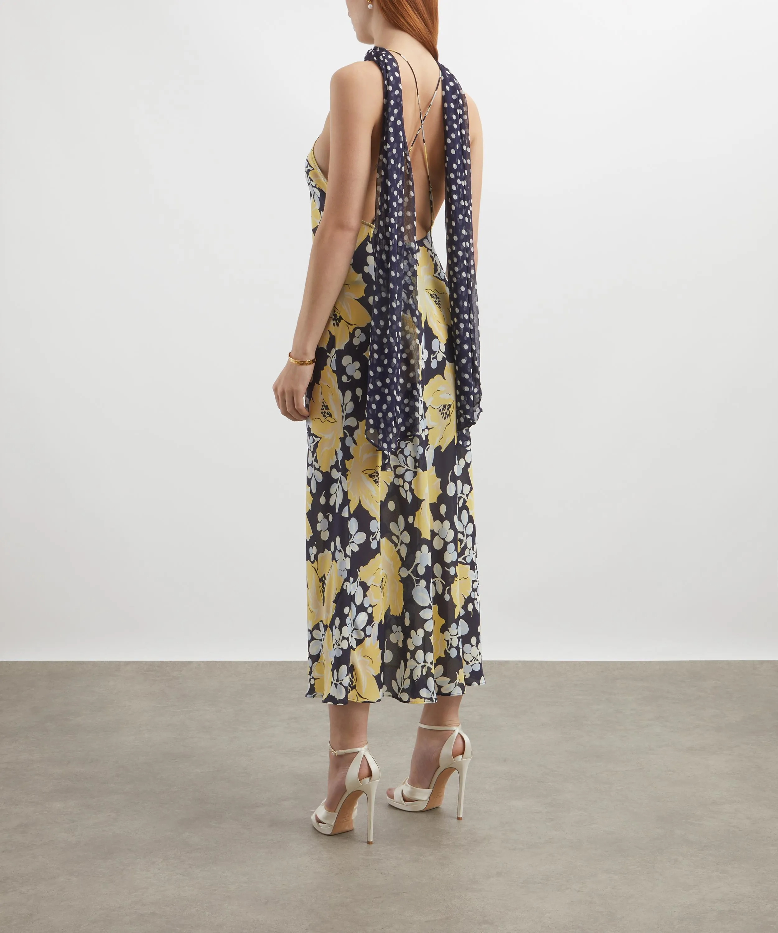 Hayley Umbrella Floral Navy Silk Midi Dress