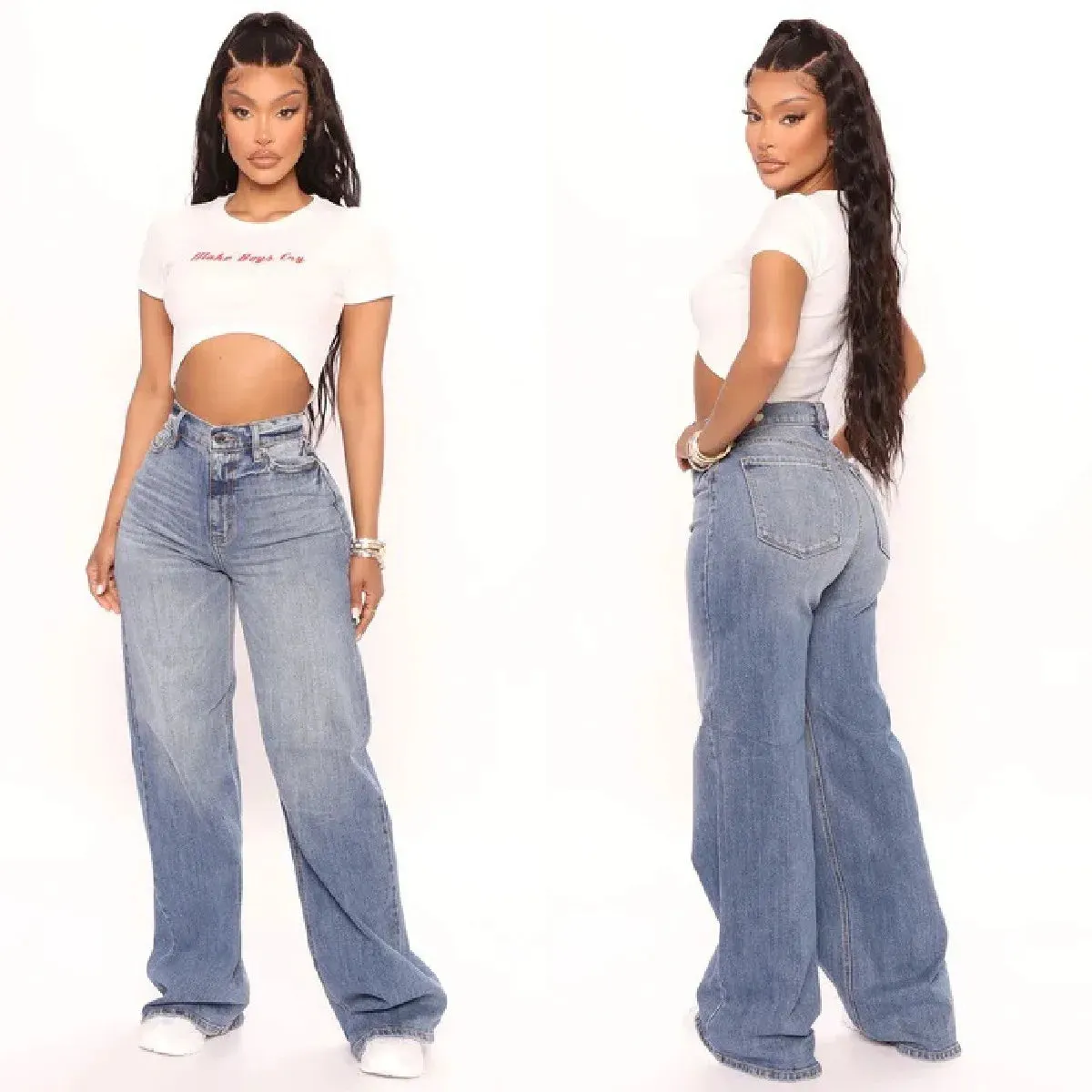 High Waist Baggy Fashion Loose Denim Wide Leg Jeans Pants for Women