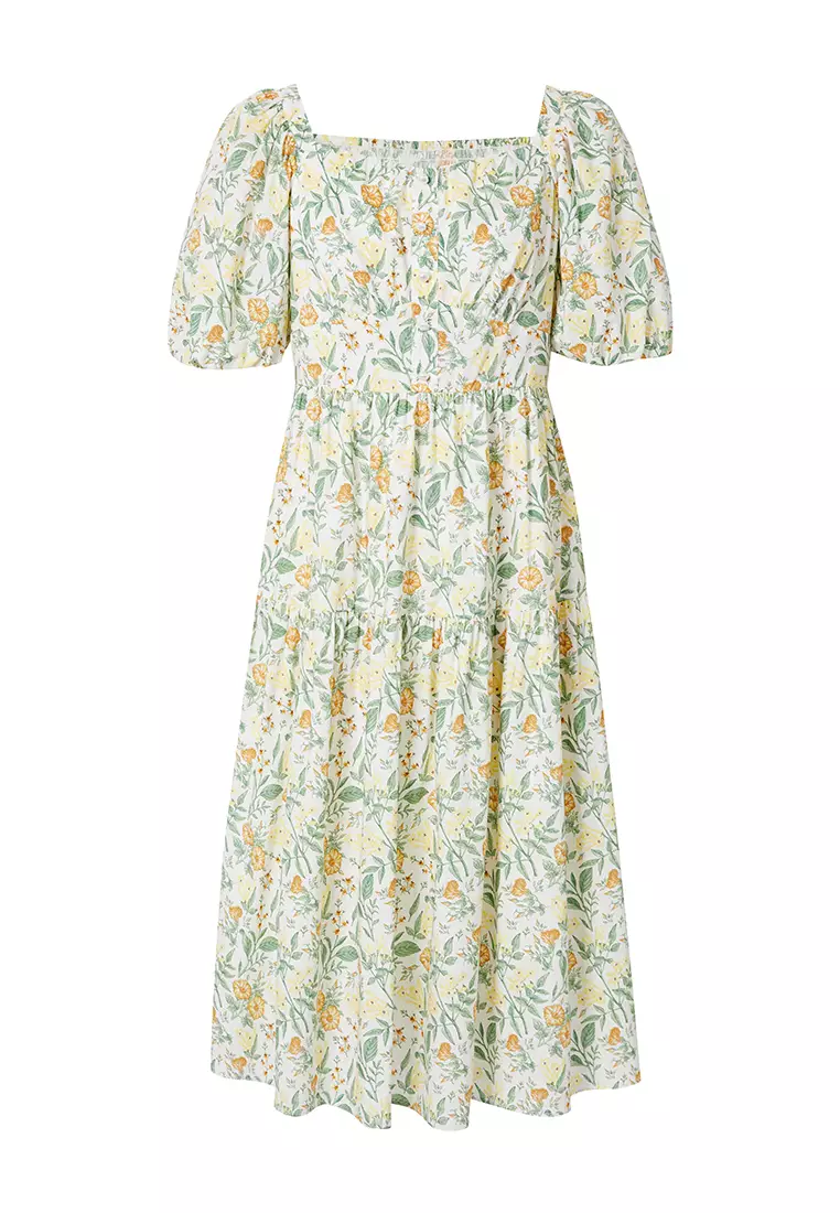 Hopeshow Puff Sleeve Square Neck Floral Summer Floral Dress