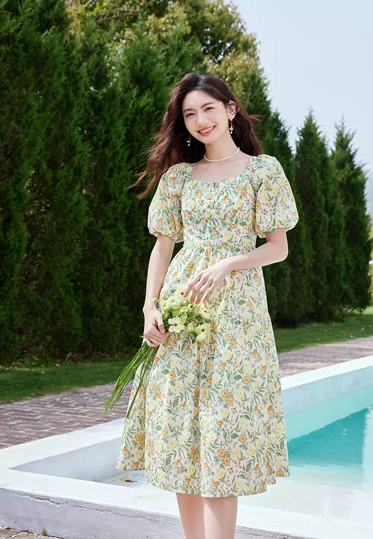 Hopeshow Puff Sleeve Square Neck Floral Summer Floral Dress