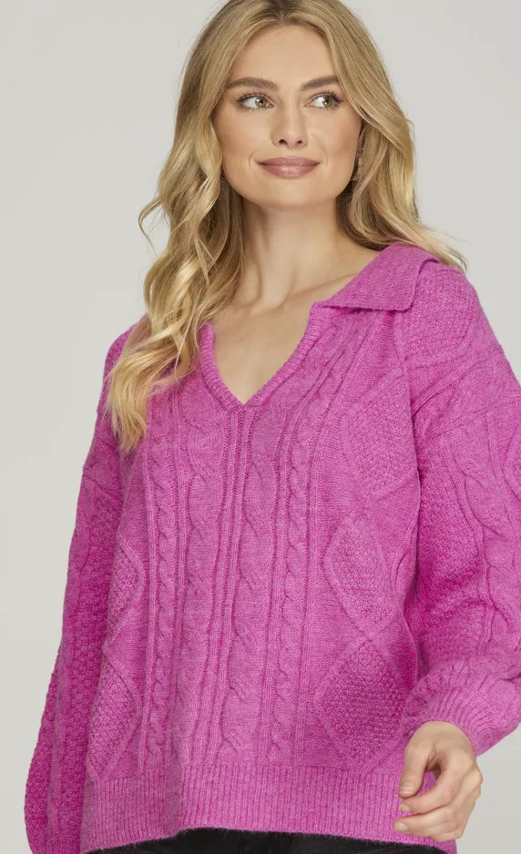 Hot Pink Cable Knit Collared Sweater