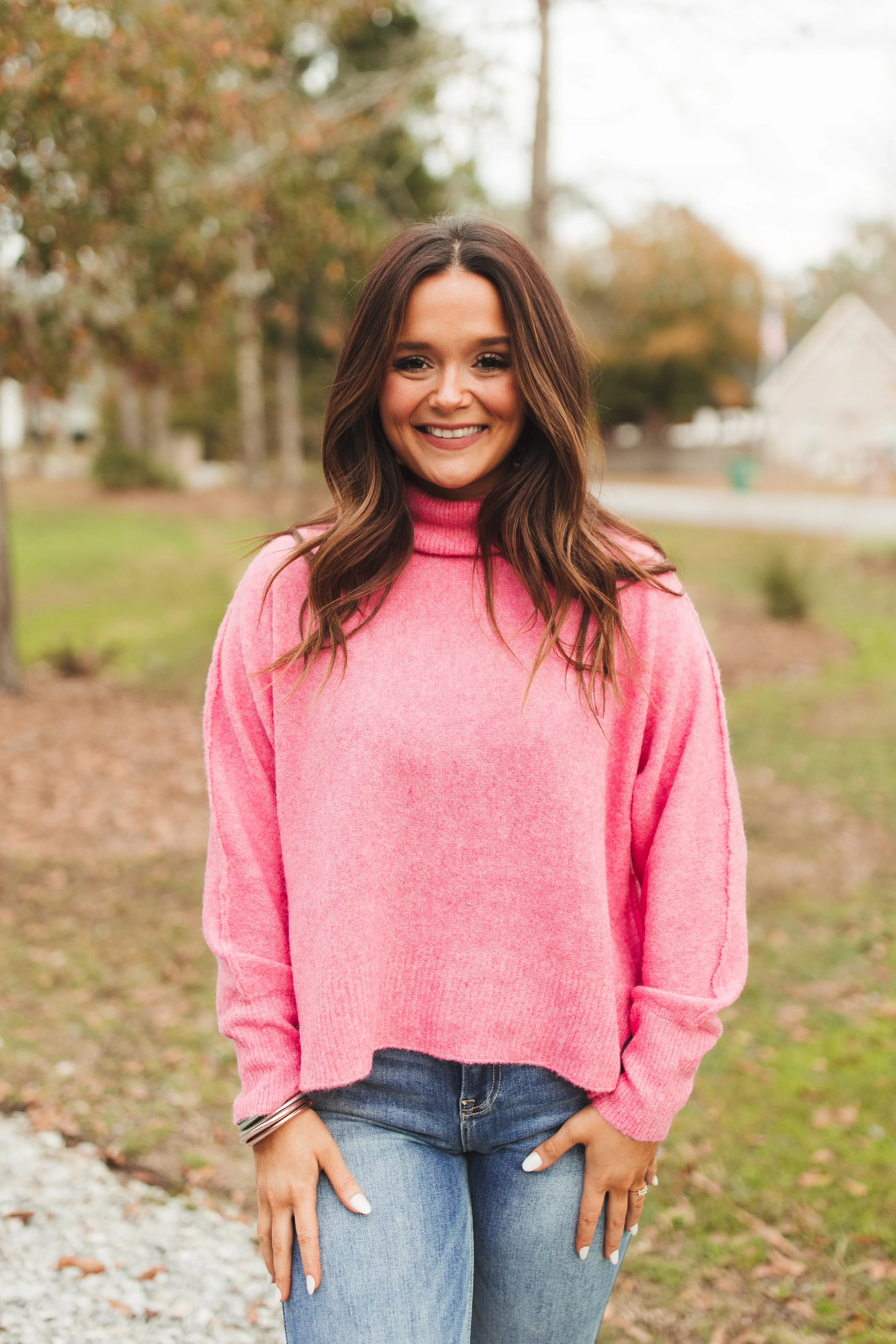 Hot Pink Knit Turtleneck Sweater