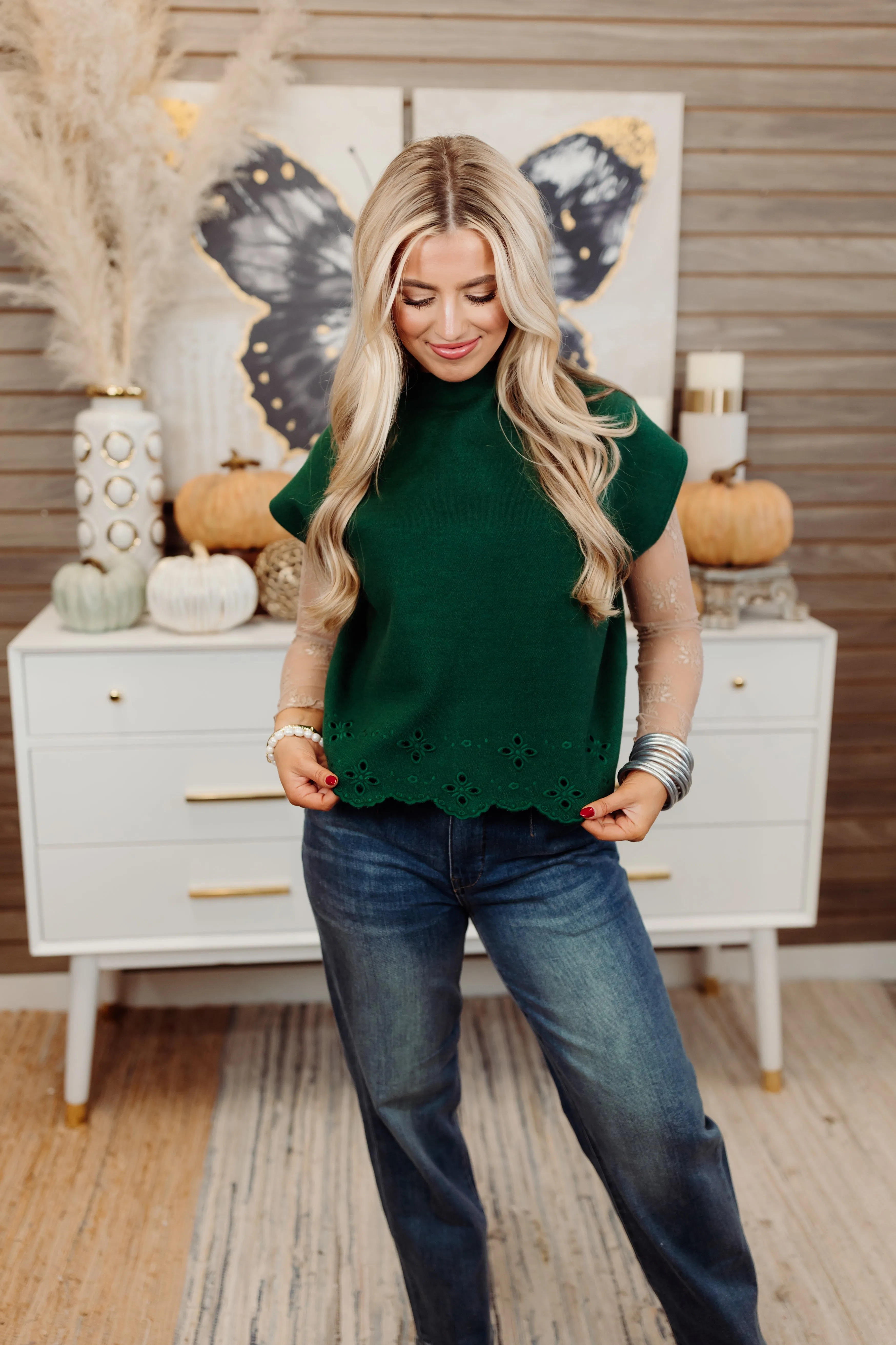 Hunter Green Mock Neck Embroidered Sweater Top