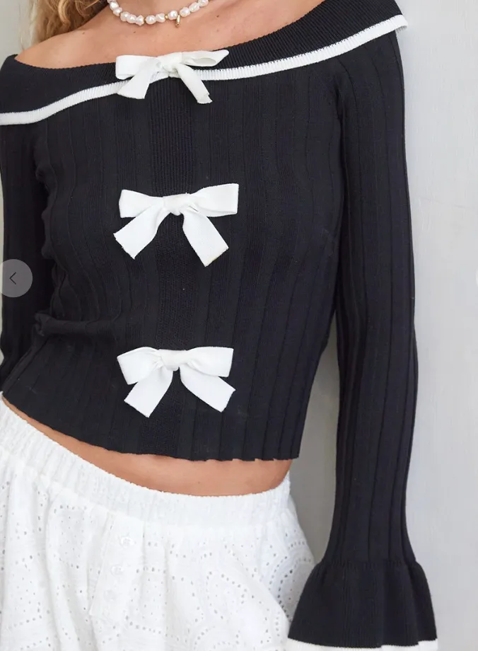 Illa Illa Black Off Shoulder Ribbed Bow Sweater