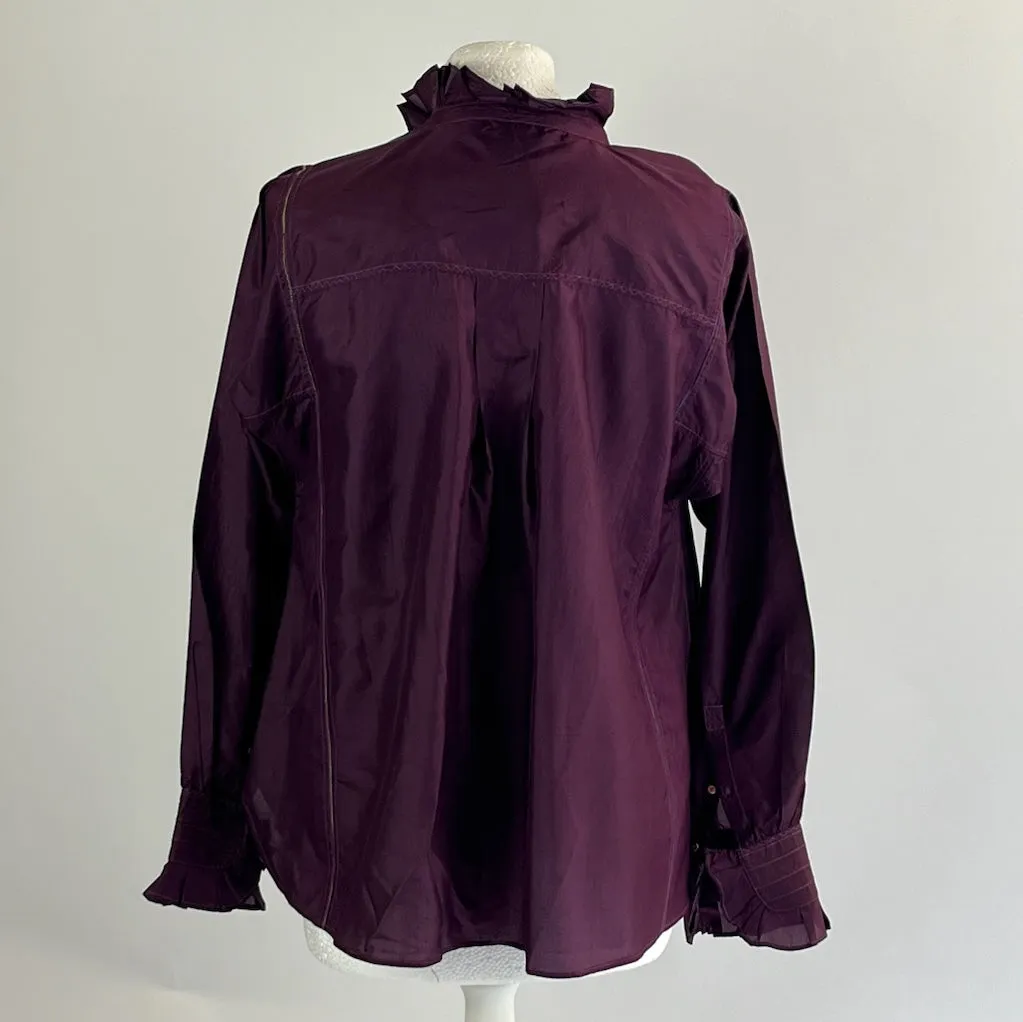 Injiri 400 Plum Topstitched Silk Ruffle Blouse XS/S