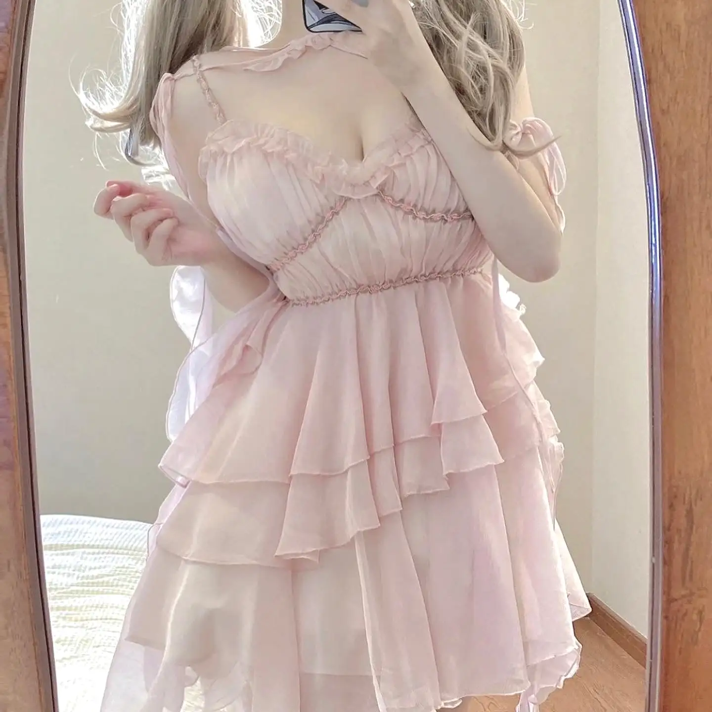 irregular ruffle high waist fairy pink dress