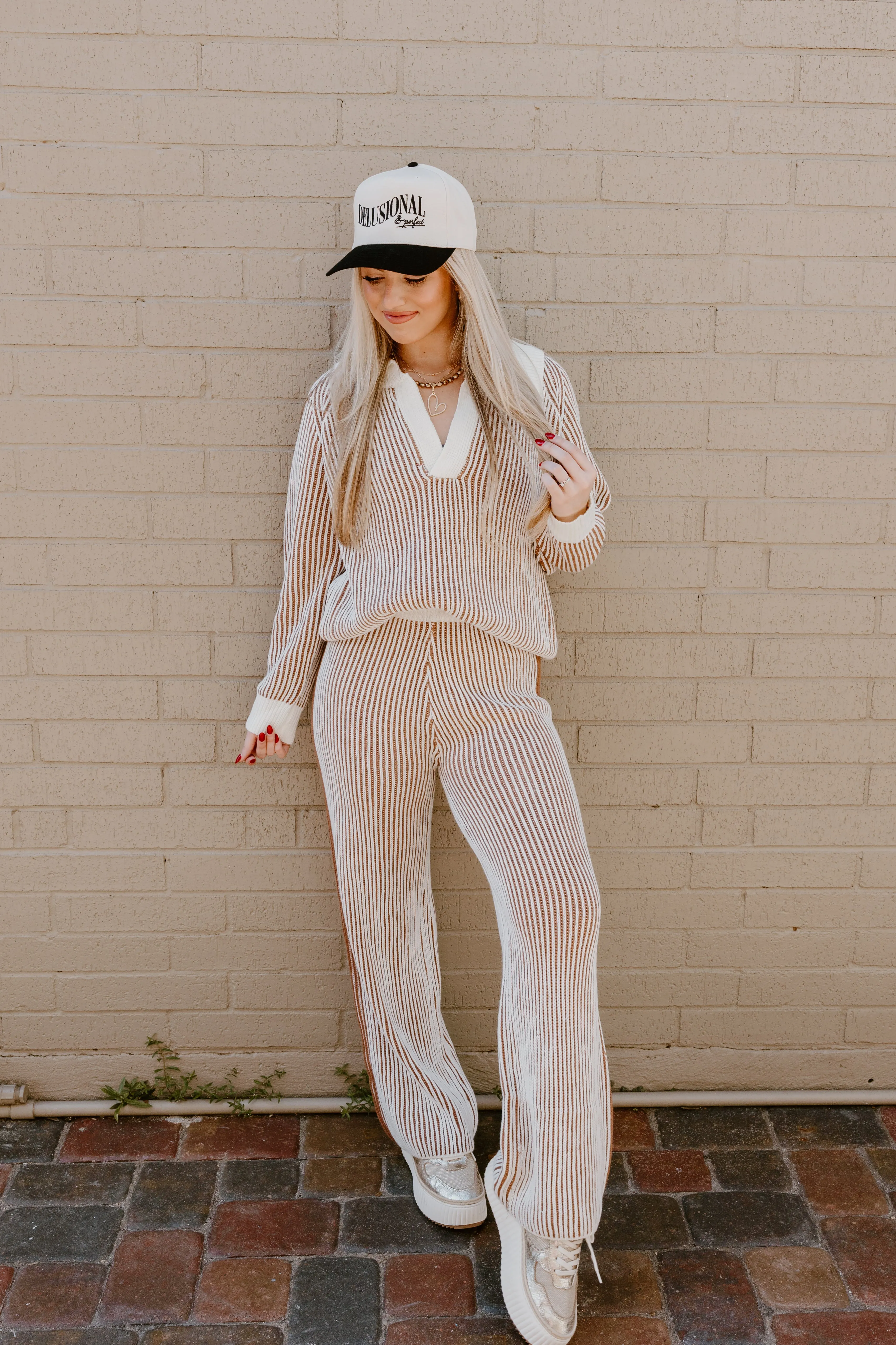 Ivory and Cinnamon Ribbed Sweater and Pant Set