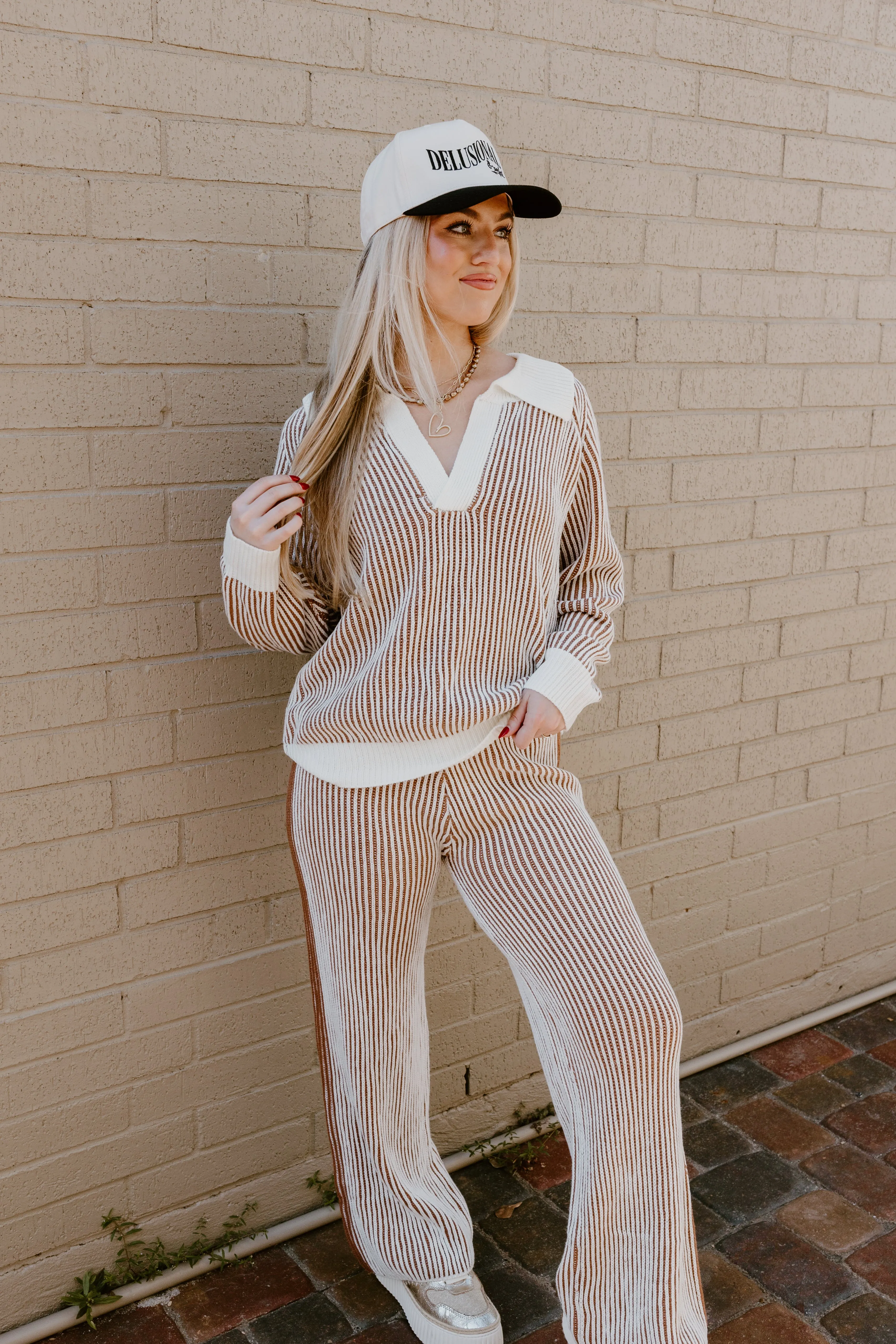 Ivory and Cinnamon Ribbed Sweater and Pant Set