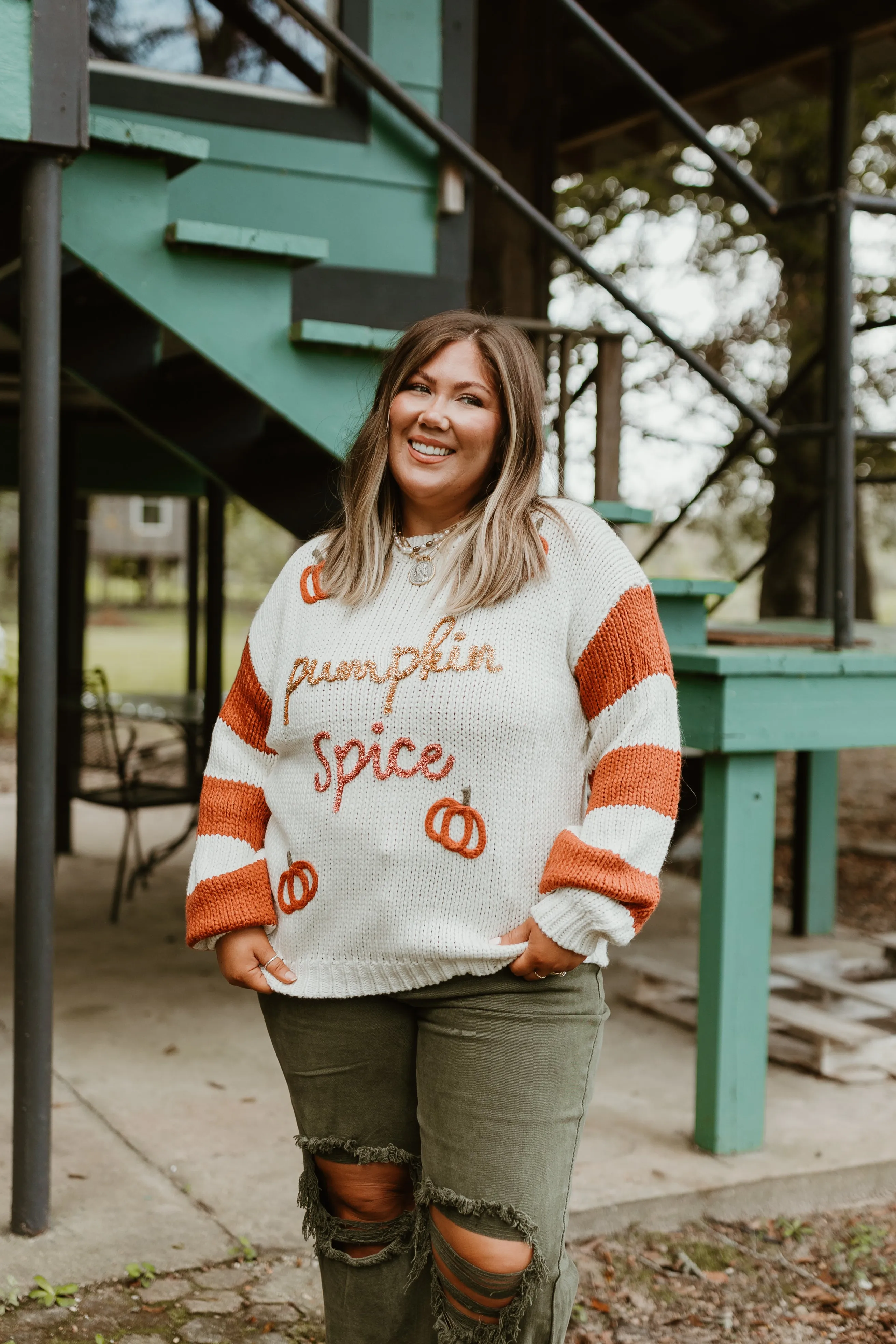 Ivory and Rust Pumpkin Spice Striped Sleeve Sweater