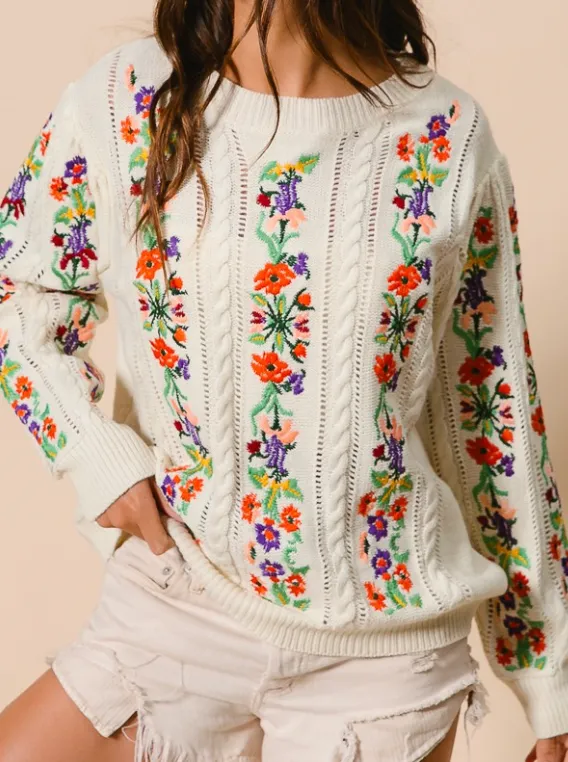 Ivory Flower Embroidered Cable Knit Sweater