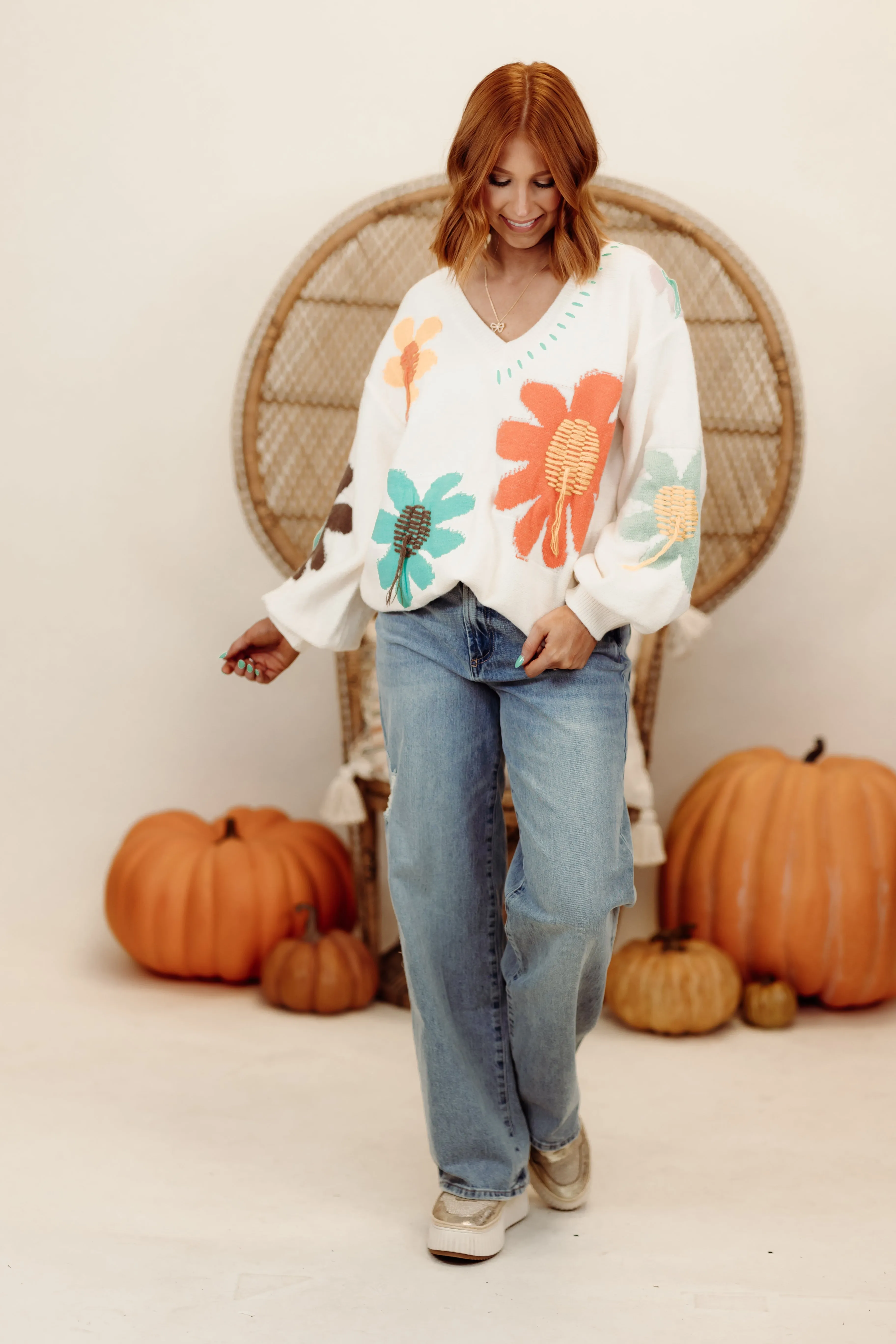 Ivory Multi Floral Oversized Comfy Sweater