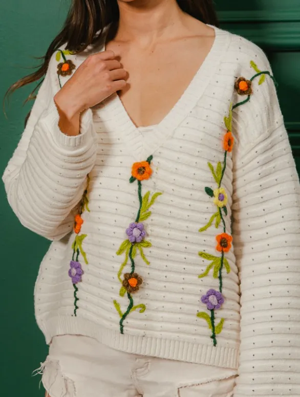 Ivory Multi Flower Embroidered Sweater