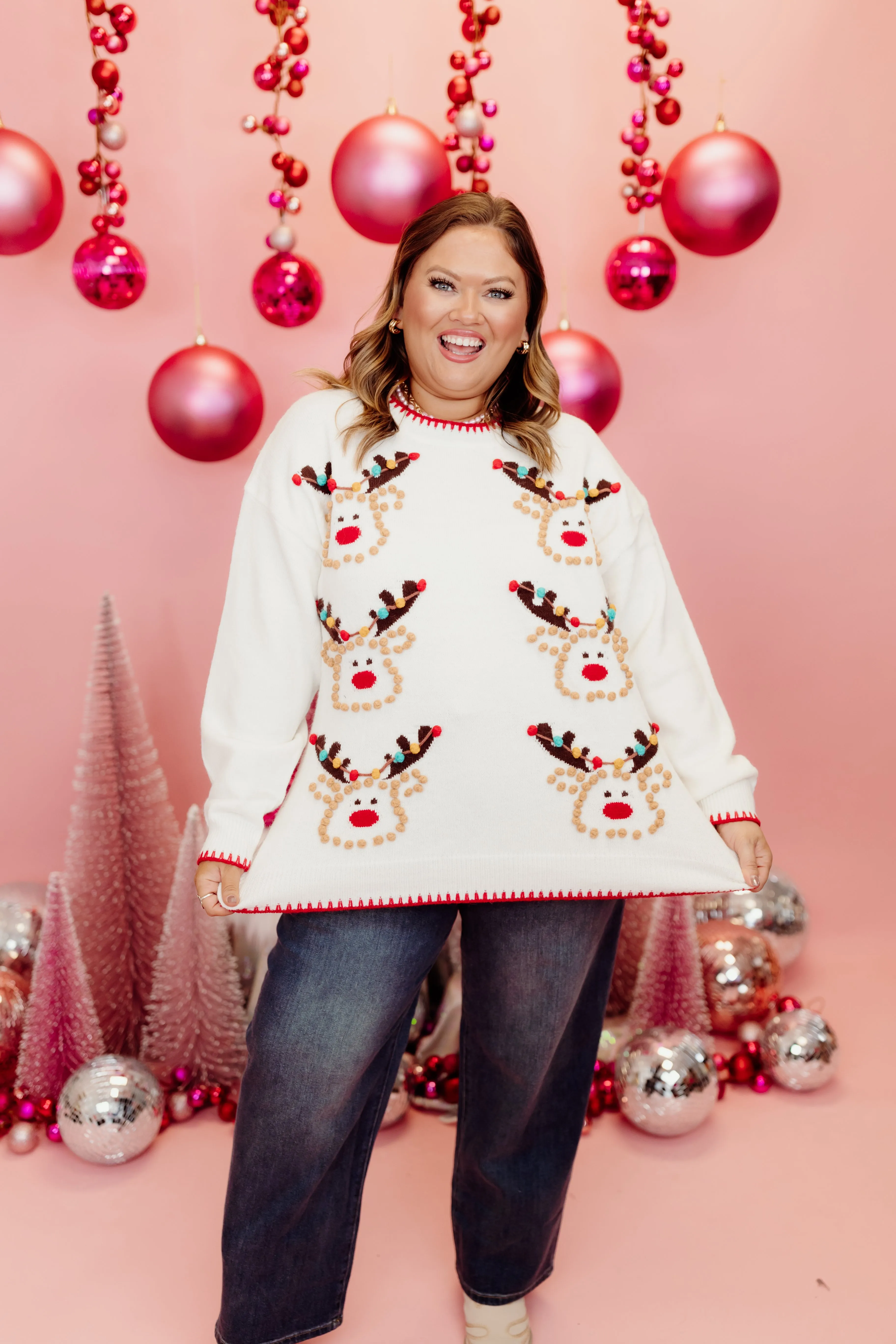 Ivory Pom Pom Detail Reindeer Sweater