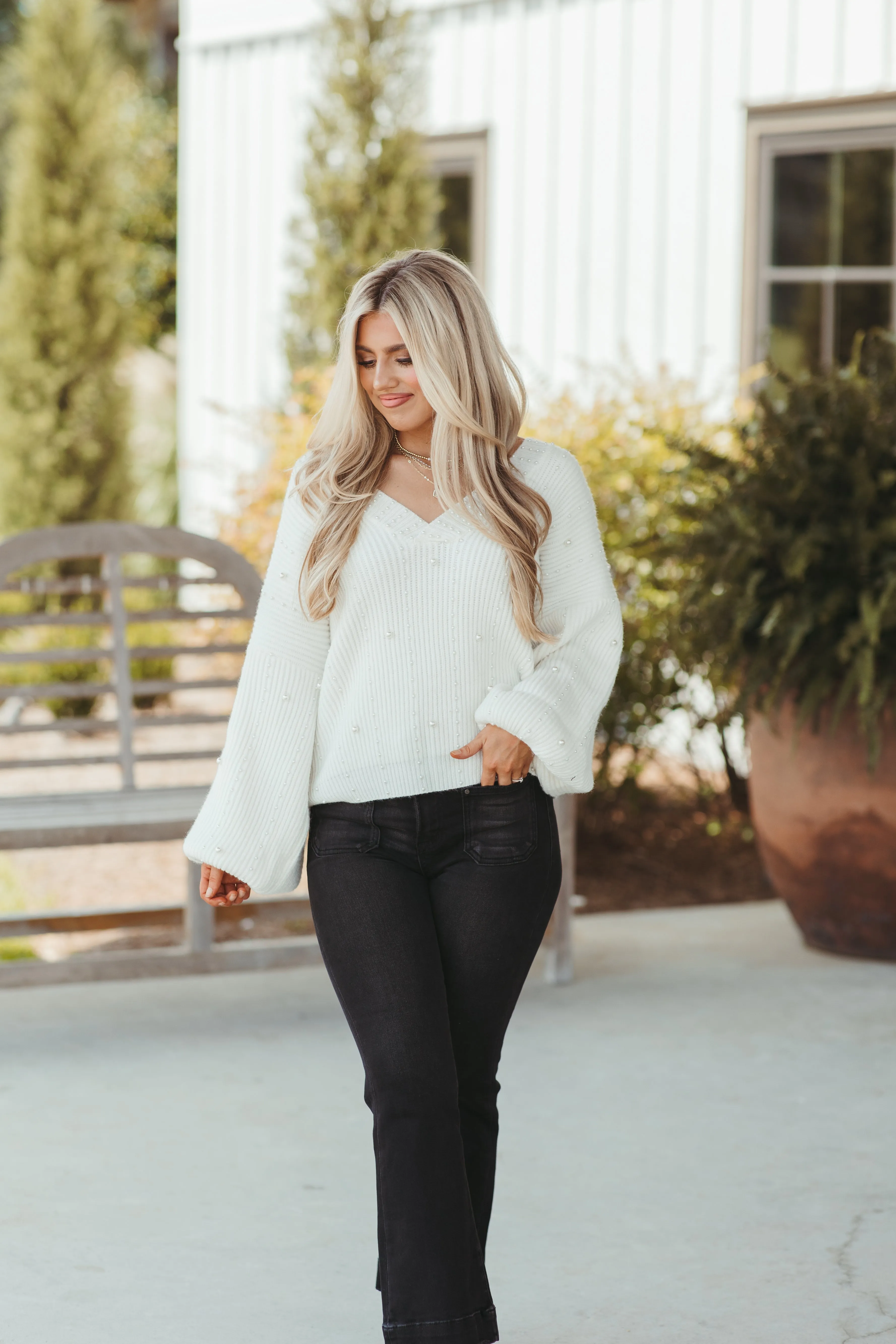 Ivory V-Neck Long Sleeve Pearl Trim Sweater