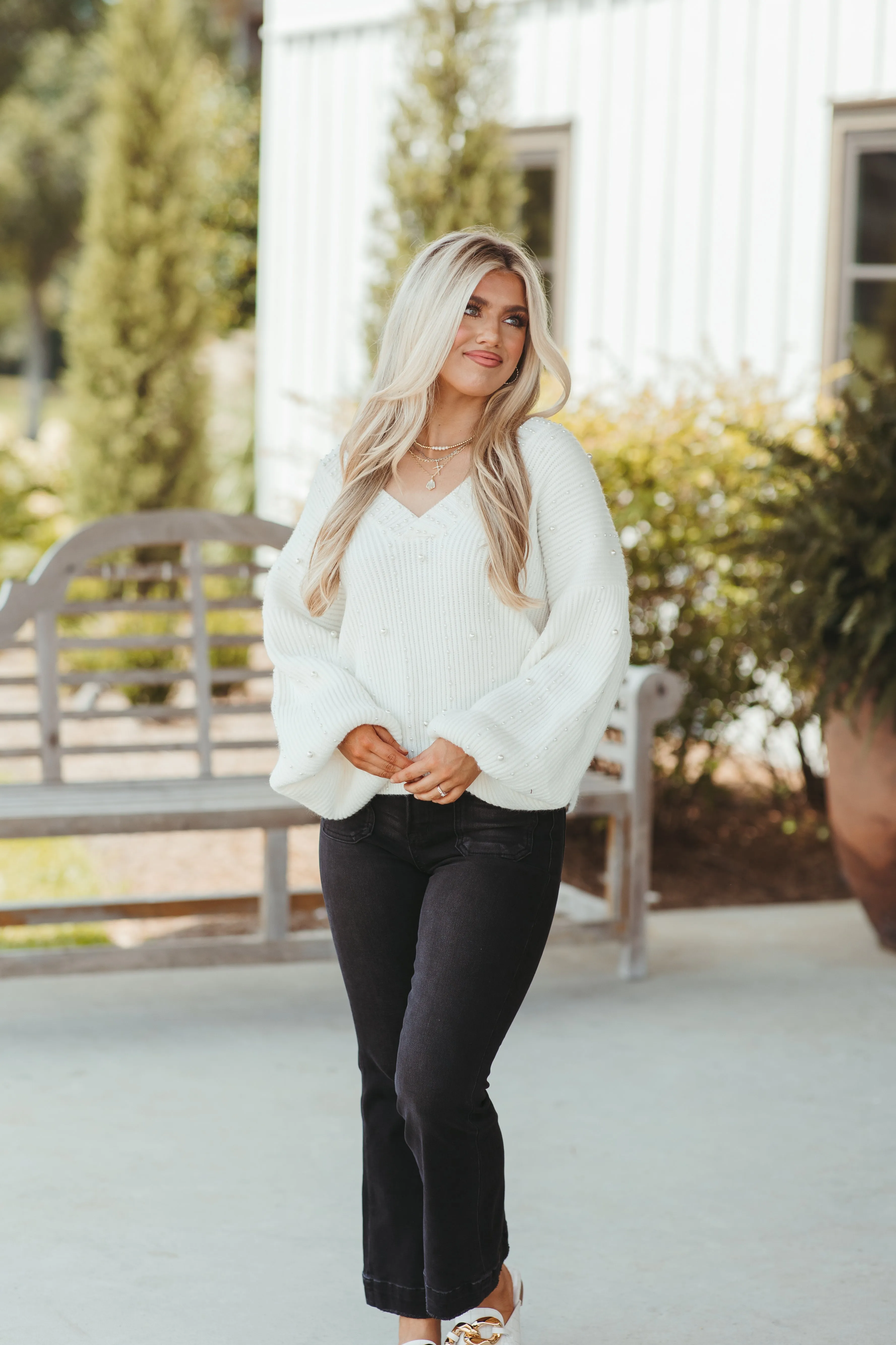 Ivory V-Neck Long Sleeve Pearl Trim Sweater